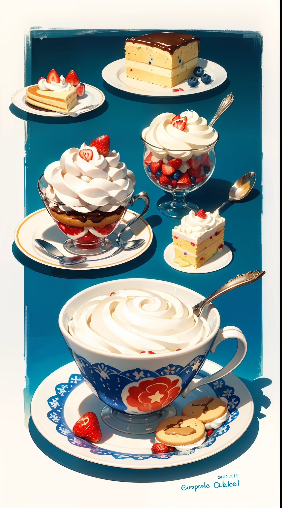 american_flag,birthday_cake,blue_background,blueberry,cake,cake_slice,candy,candy_cane,closed_eyes,cloud,cookie,cream,cup,cupcake,dessert,drink,flag,flag_background,food,food_focus,fork,fruit,holding_spoon,ice_cream,icing,no_humans,painting_(medium),pancake,parfait,party_hat,pastry,plate,rice,shaved_ice,simple_background,spoon,star_(symbol),starfish,strawberry,sundae,tea,teacup,teapot,traditional_media,watercolor_(medium),whipped_cream