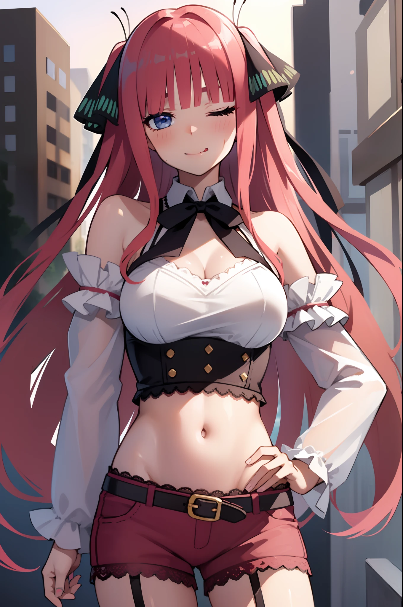 suzunapc, looking at viewer, blush, smile, large breasts, long sleeves, bow, navel, cleavage, hair between eyes, bare shoulders, very long hair, closed mouth, standing, collarbone, pink hair, heart, sidelocks, thighs, cowboy shot, sweat, outdoors, detached sleeves, one eye closed, horns, sky, shorts, choker, day, midriff, belt, hand up, wide sleeves, bowtie, armpits, stomach, blurry, blue sky, groin, hand on hip, short shorts, v, black bow, detached collar, depth of field, blurry background, garter straps, demon horns, lace trim, ;), black bowtie, cross-laced clothes, red shorts,ahg
rolling eyes
tongue