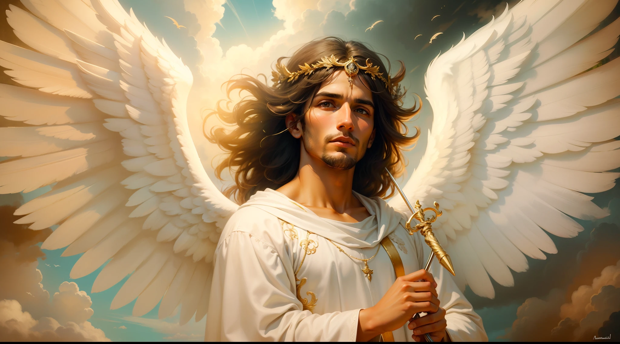 There is a painting of an angel with wings in the sky, Anjo majestoso de corpo inteiro, vestido com roupas brancas e vermelhas, biblical accurate angel, Arcanjo Miguel, anjo protegendo em guarda, angel spirit guide, angelic, Arcanjo Miguel, humano alado, epic angel wings, anjo lindo, anjo, being brilliant angelic, angelic, Tema de anjo, Alto Anjo tiro distante, Biblical setting, anjo guerreiro, with a spear in his hand, vestes vermelhas estilo soldado romano, anjo aparentando idade de 40 anos e majestoso
