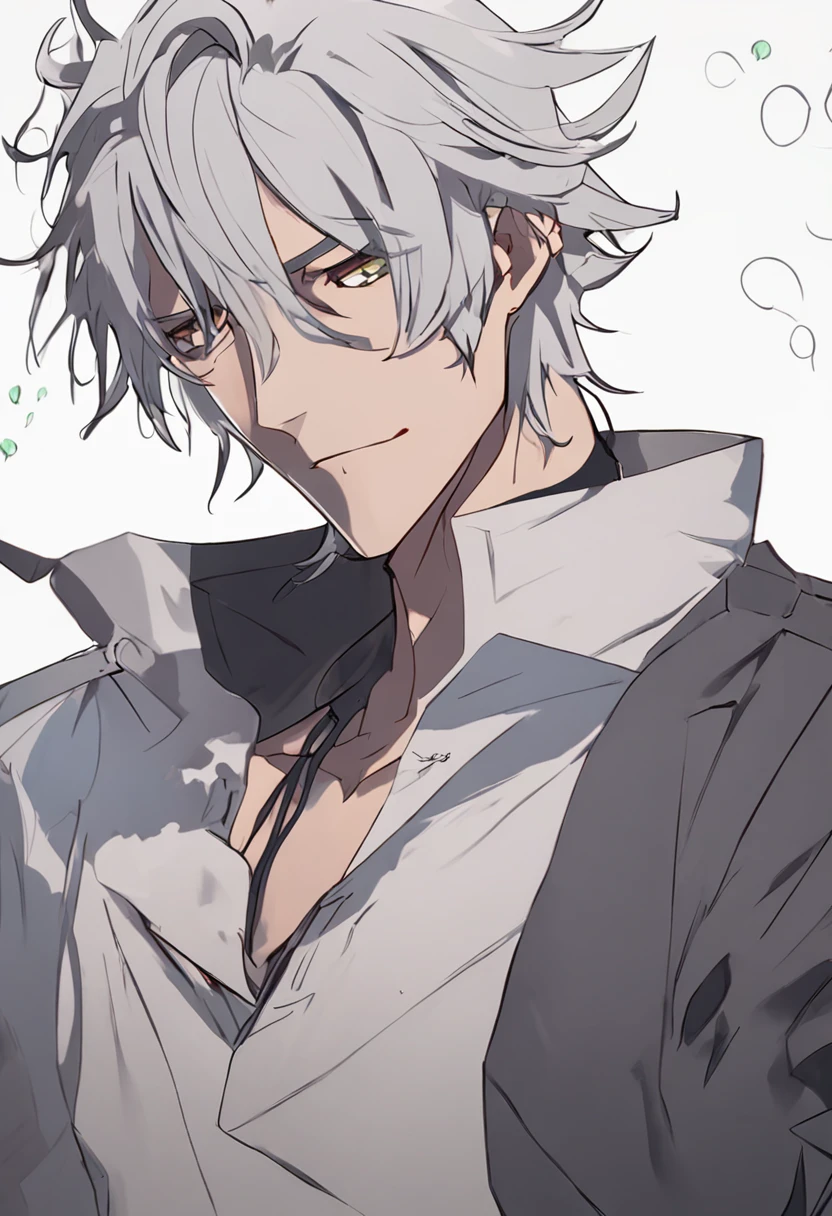 a close up of a person with a black shirt and a white hair, Tall anime guy with green eyes, male anime character, Handsome anime pose, Young anime man gray-haired, Male anime style,youth,elvish ears