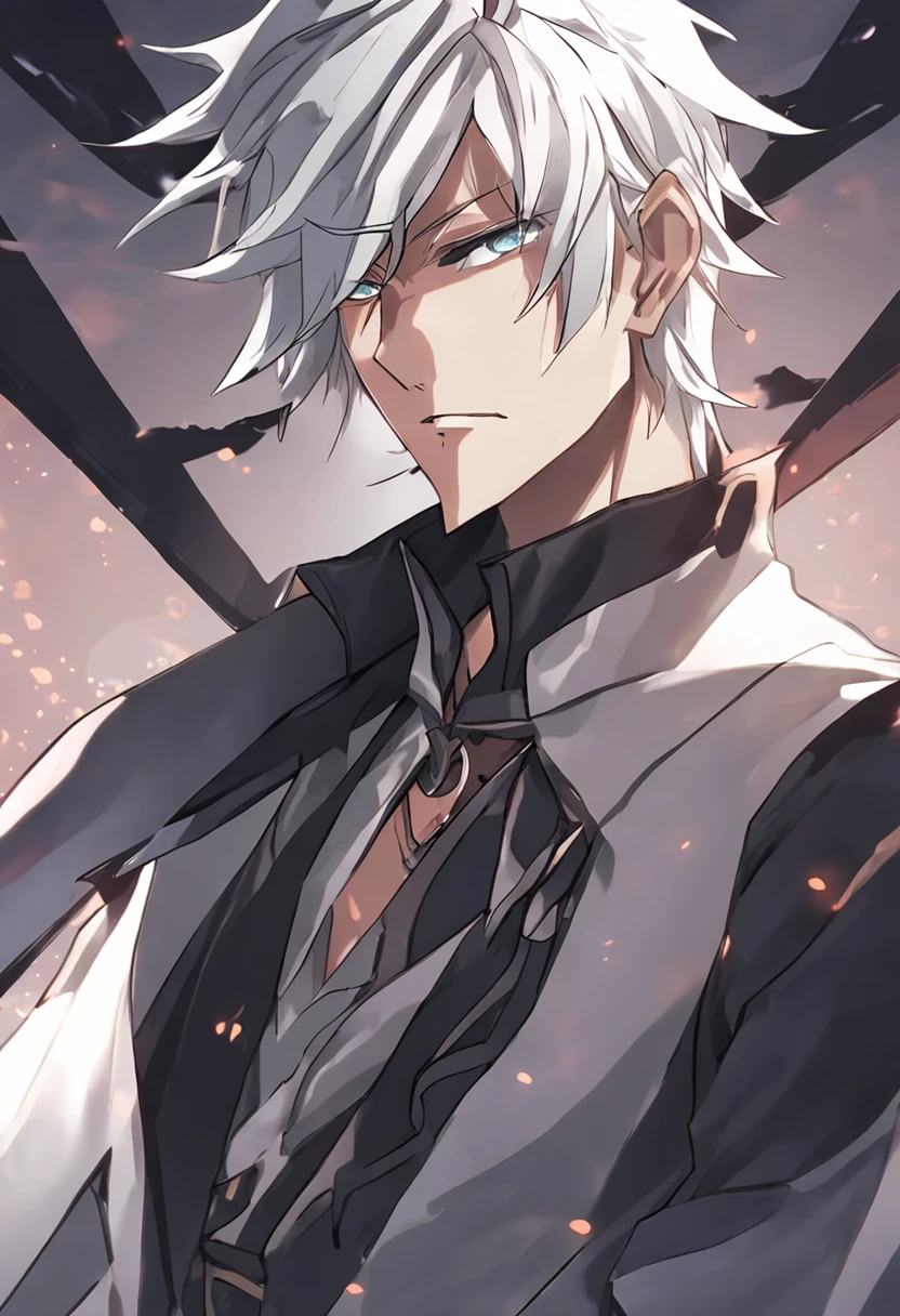a close up of a person with a black shirt and a white hair, Tall anime guy with green eyes,  male anime character,  Handsome anime pose, Young anime man gray-haired, Male anime style，youth，elvish ears