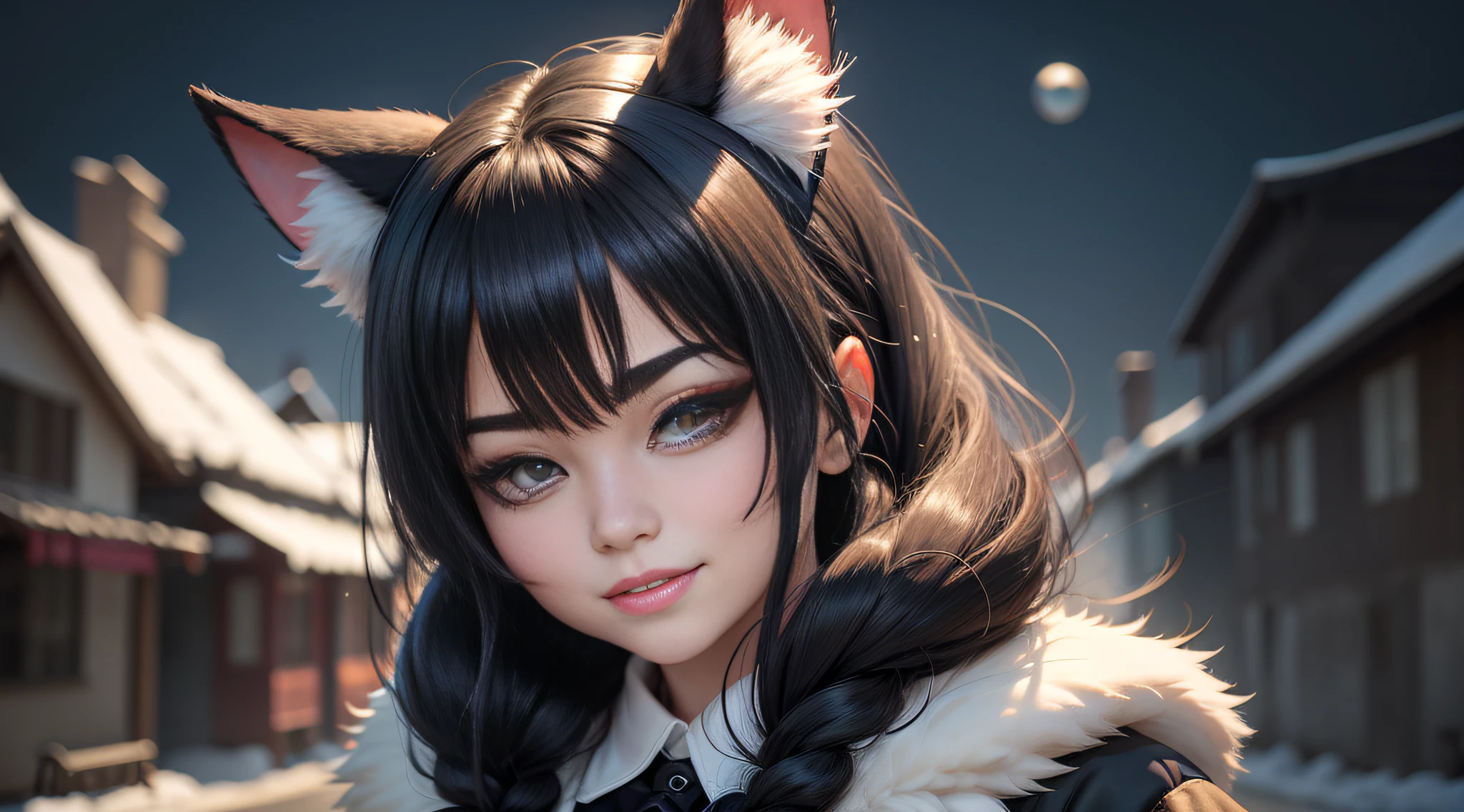 black hair, hair bobbles, wince, longeyelashes, solid circle eyes, fake animal ears, light smile, ear blush, fang, Surrealism, drop shadow, anaglyph, stereogram, tachi-e, pov, atmospheric perspective, 8k, super detail, ccurate, best quality