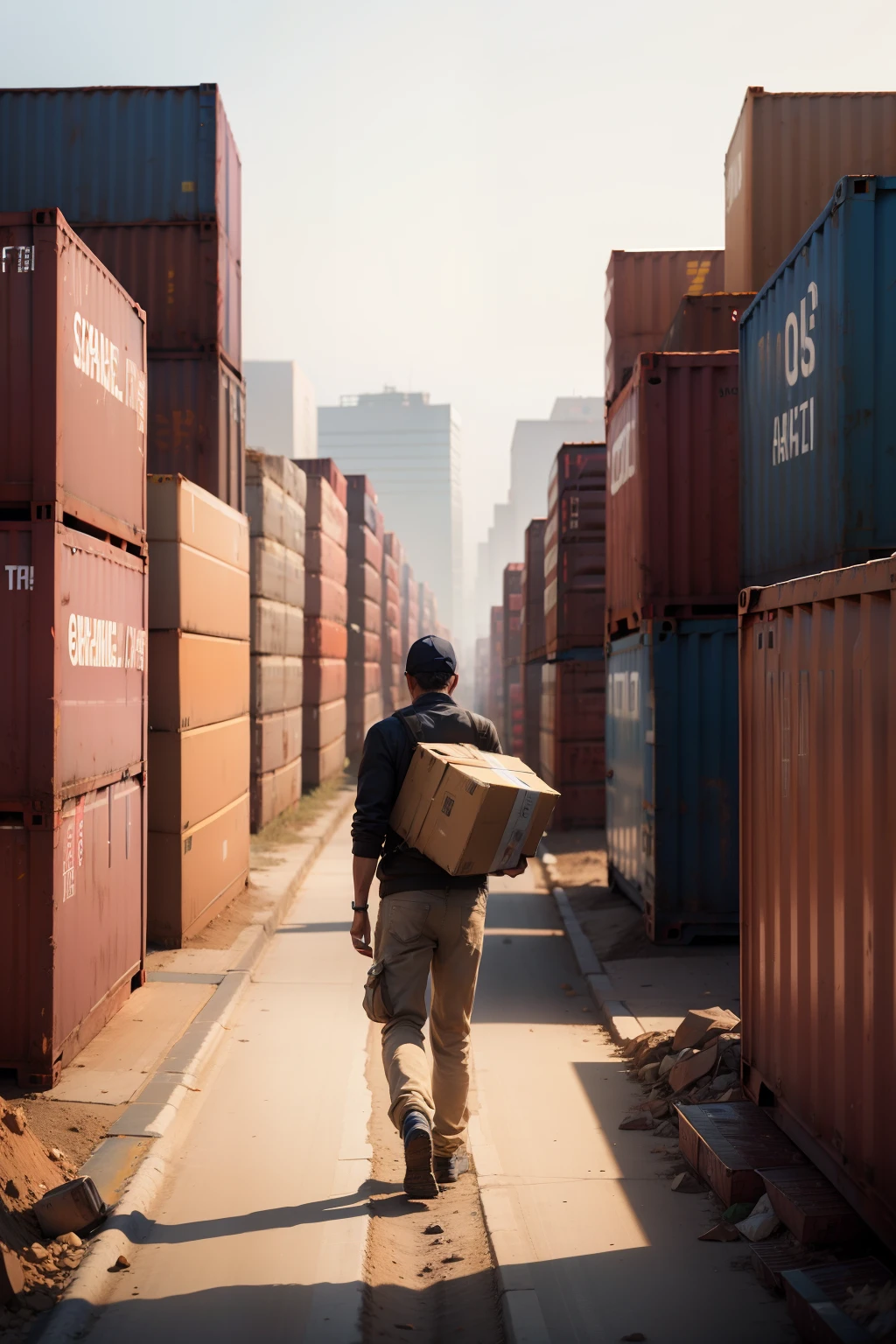 Man walking amid piles of containers