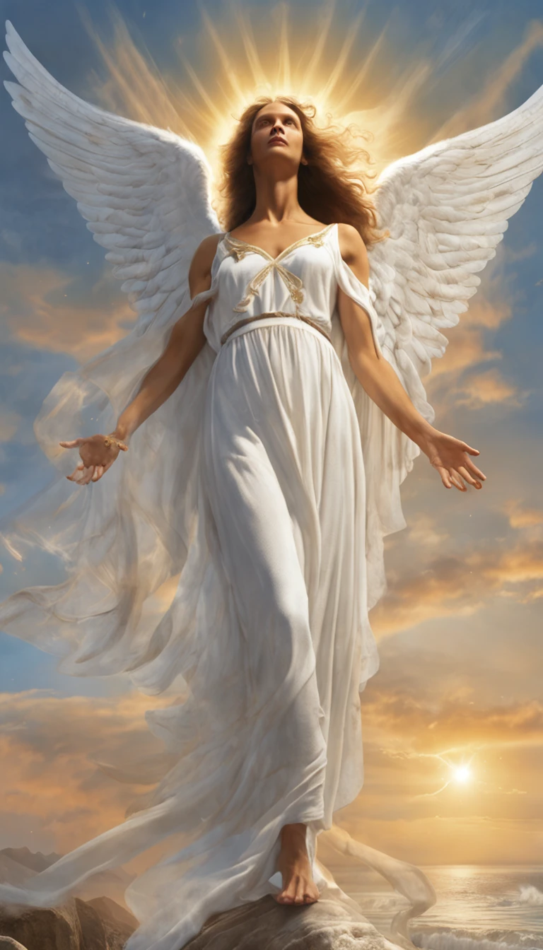 There is a painting of an angel with wings in the sky, Anjo majestoso de corpo inteiro, vestido com roupas brancas e vermelhas, biblical accurate angel, Arcanjo Miguel, anjo protegendo em guarda, angel spirit guide, angelic, Arcanjo Miguel, humano alado, epic angel wings, anjo lindo, anjo, being brilliant angelic, angelic, Tema de anjo, Alto Anjo tiro distante, Biblical setting, anjo guerreiro, with a spear in his hand, vestes vermelhas estilo soldado romano, anjo aparentando idade de 40 anos e majestoso