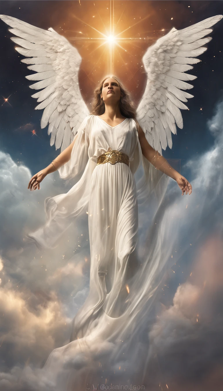 There is a painting of an angel with wings in the sky, Anjo majestoso de corpo inteiro, vestido com roupas brancas e vermelhas, biblical accurate angel, Arcanjo Miguel, anjo protegendo em guarda, angel spirit guide, angelic, Arcanjo Miguel, humano alado, epic angel wings, anjo lindo, anjo, being brilliant angelic, angelic, Tema de anjo, Alto Anjo tiro distante, Biblical setting, anjo guerreiro, with a spear in his hand, vestes vermelhas estilo soldado romano, anjo aparentando idade de 40 anos e majestoso