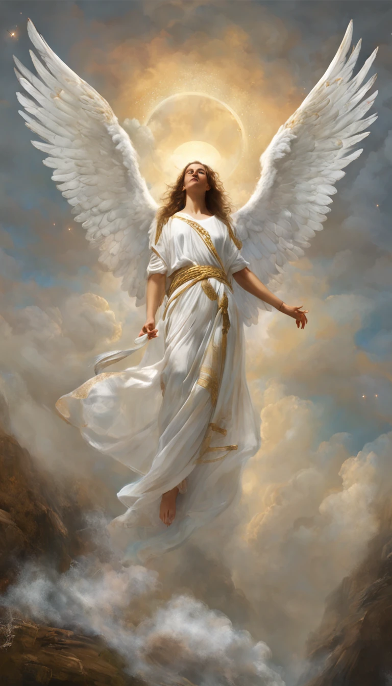 There is a painting of an angel with wings in the sky, Anjo majestoso de corpo inteiro, vestido com roupas brancas e vermelhas, biblical accurate angel, Arcanjo Miguel, anjo protegendo em guarda, angel spirit guide, angelic, Arcanjo Miguel, humano alado, epic angel wings, anjo lindo, anjo, being brilliant angelic, angelic, Tema de anjo, Alto Anjo tiro distante, Biblical setting, anjo guerreiro, with a spear in his hand, vestes vermelhas estilo soldado romano, anjo aparentando idade de 40 anos e majestoso