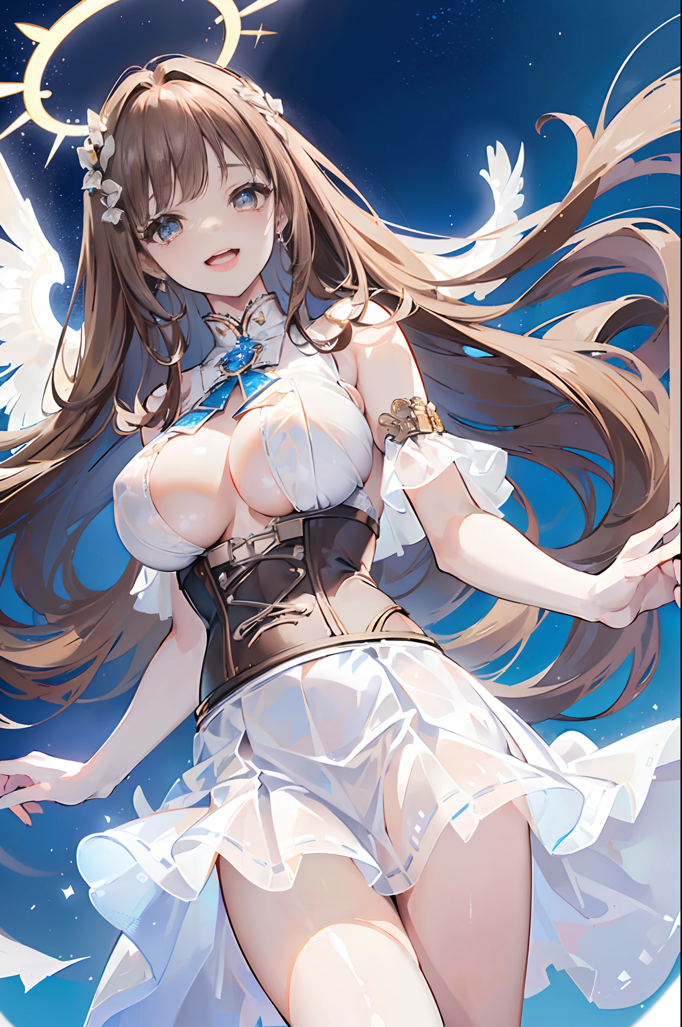 ((white chiffon skirt)),((brown hair)), ((long hair)), ((white mini skirt)),((transparent skirt)), ((blue corset)), ((8K)), ((masterpiece)),((halo)),((16 years old)) ((highly detailed face)),((big breast)),((chest open)),((showing white underwear:1.3)),((flipping skirt)),((laughing:1.5))