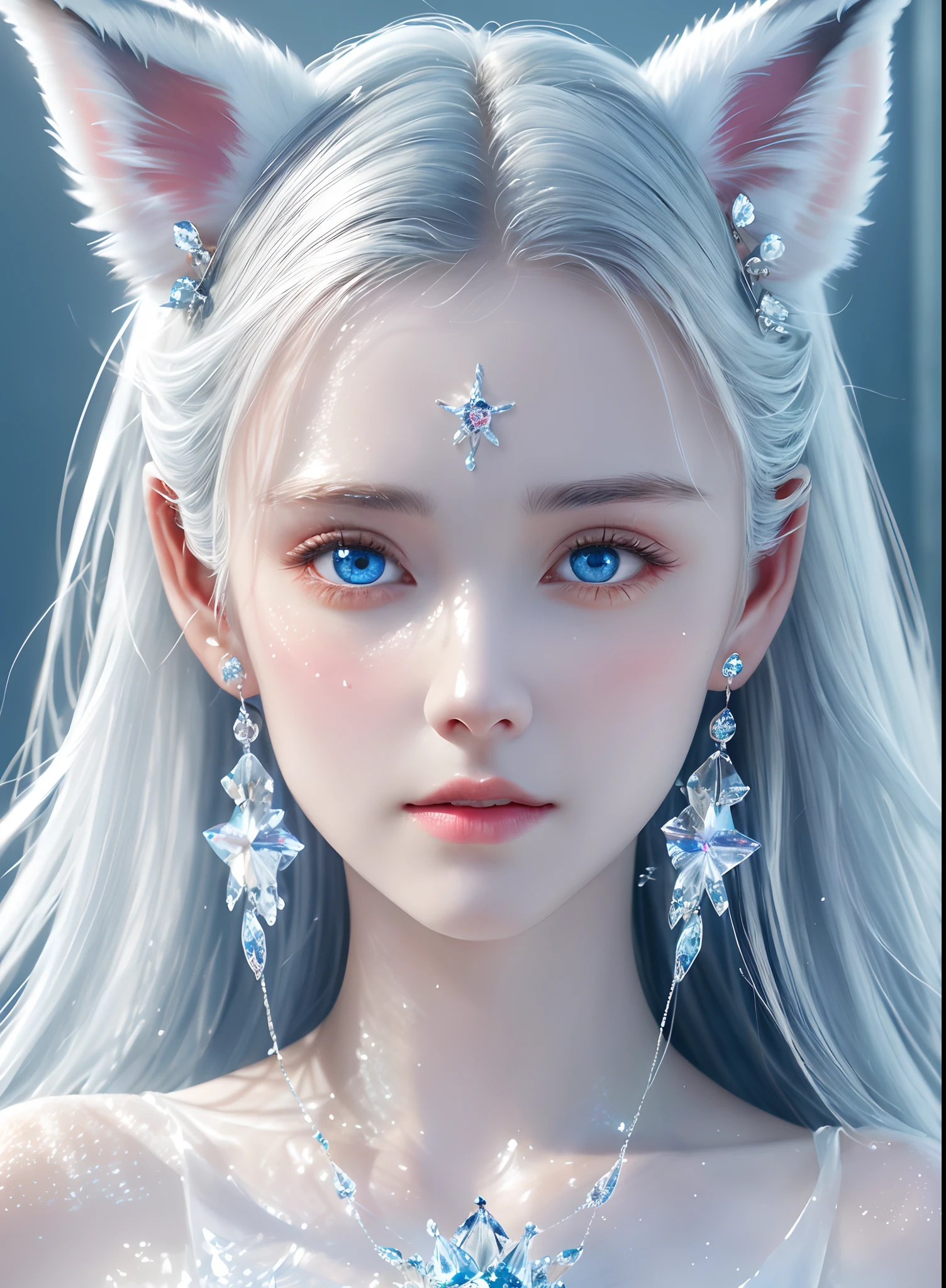 Masterpiece, Best quality,
offcial art, Very
Detailed CG 8K wallpaper,
(flying petal)
(detailed ice) , crystal
Textured skin, cold
expression, ((Fox ears)),
White hair, long
hair, Messy hair, eBlue eyes,
view the viewer,
Extremely delicate and
Beautiful, water, ((beauty
Detailed eyes)), height
detailed, Movie
illuminating, ((Beautiful face),
fine water surface, (Source language
Portrait), Surpass-
detailed, Incredible
detailed, (An extreme
Delicate and beautiful),
Beautiful detailed eyes,
(Best quality)