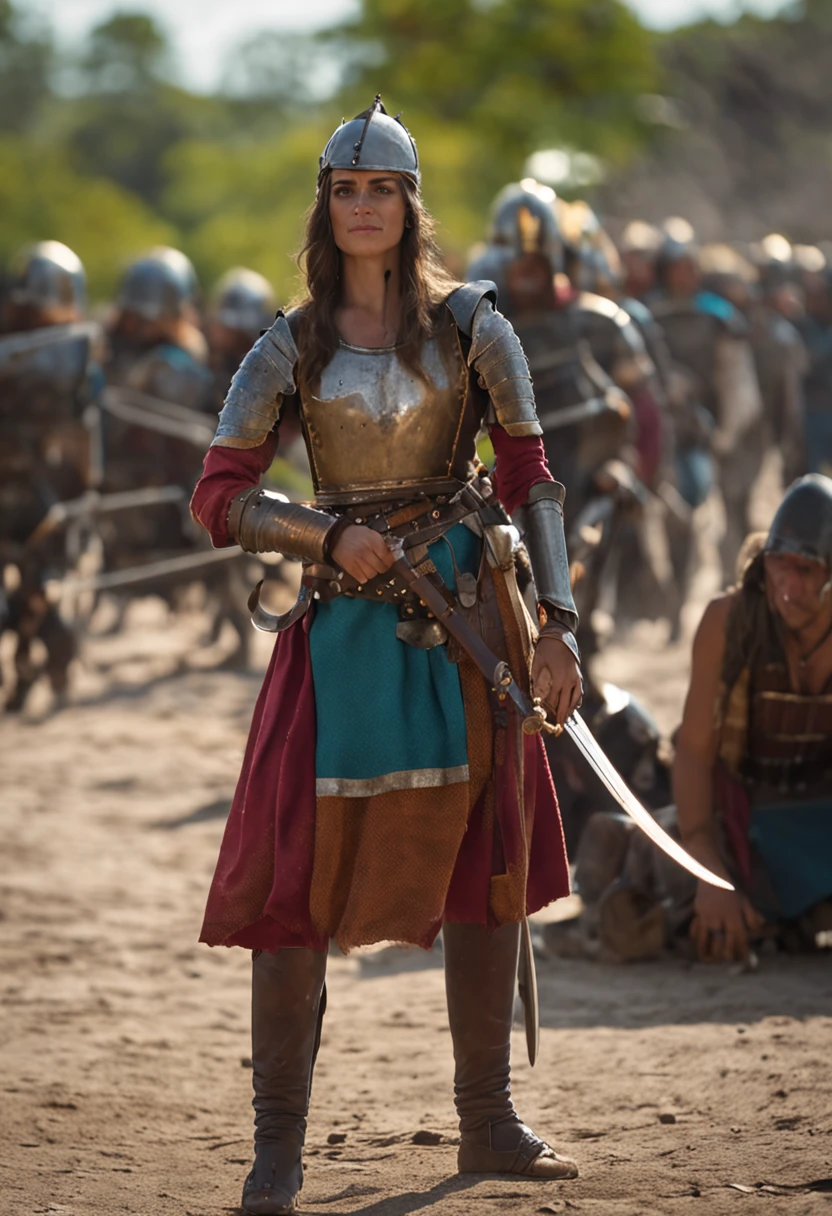 guerreira mulher, medieval, pronta para batalha, espada longa, obra prima
