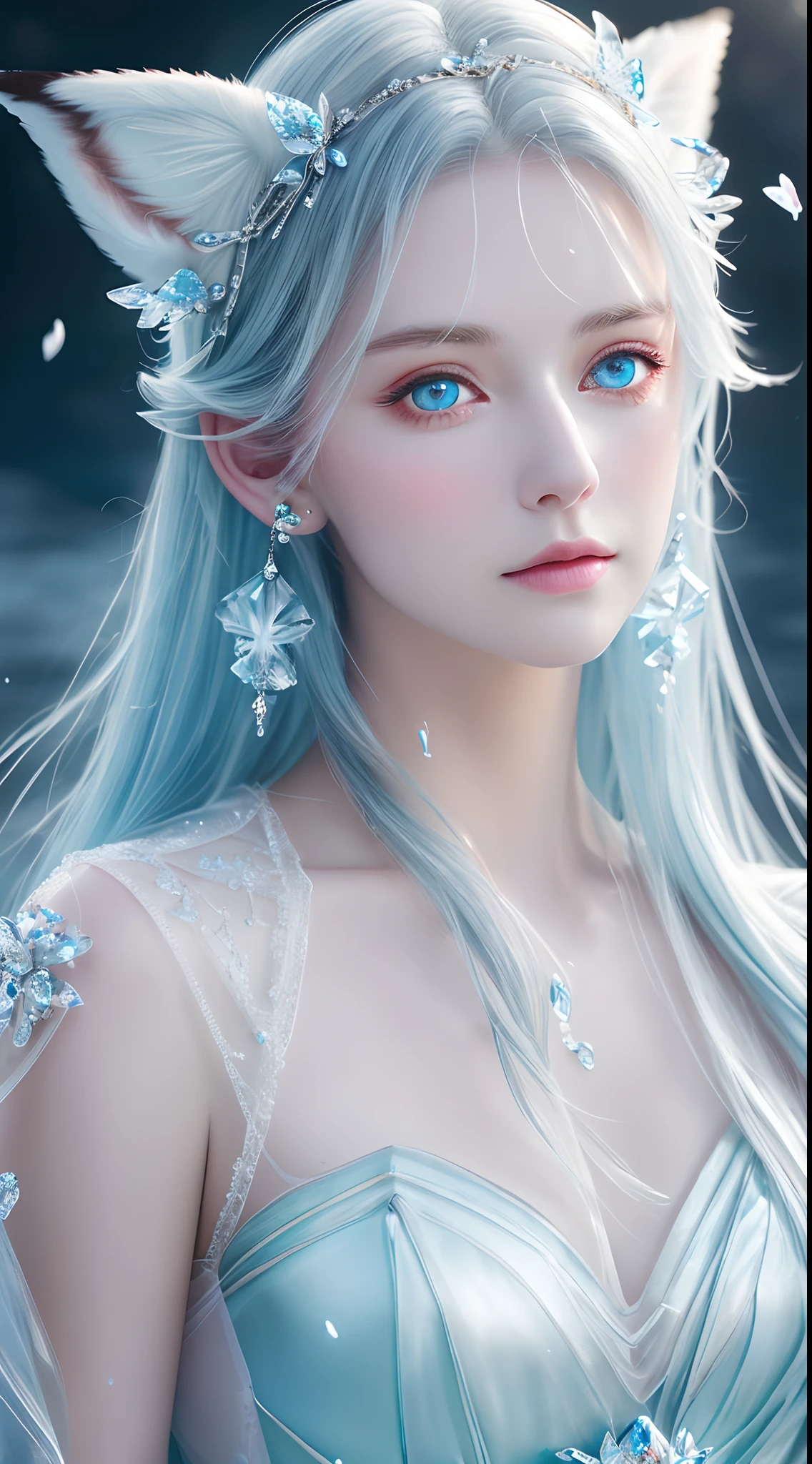 Masterpiece, Best quality,
offcial art, Very
Detailed CG 8K wallpaper,
(flying petal)
(detailed ice) , crystal
Textured skin, cold
expression, ((Fox ears)),
White hair, long
hair, Messy hair, eBlue eyes,
view the viewer,
Extremely delicate and
Beautiful, water, ((beauty
Detailed eyes)), height
detailed, Movie
illuminating, ((Beautiful face),
fine water surface, (Source language
portrait), Transcend-
detailed, incredible
detailed, (An extreme
Delicate and beautiful),
Beautiful detailed eyes,
(Best quality)