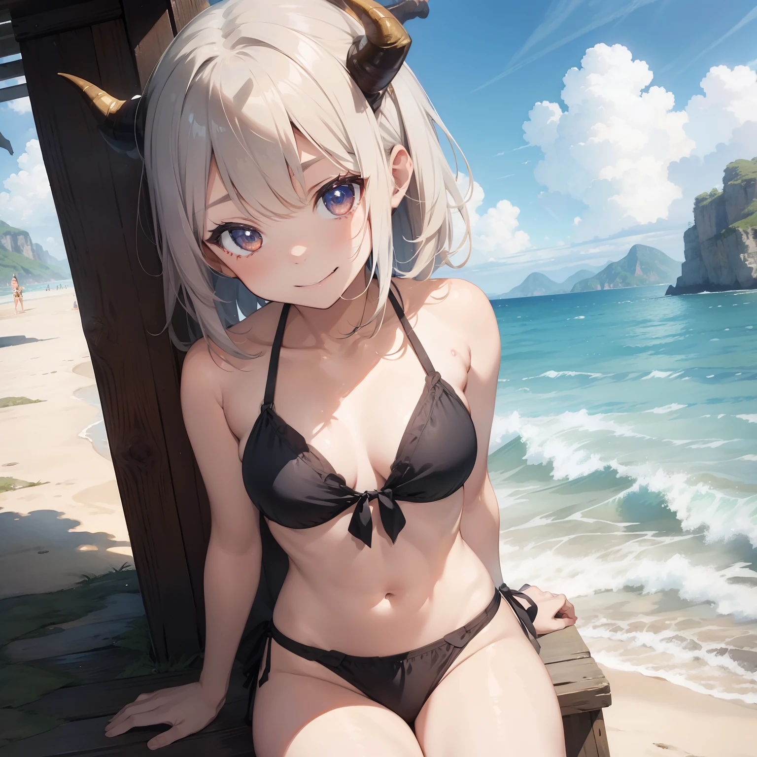 ​masterpiece、watercolor paiting（1:2）、Cute horns、Dragon God、Ajin、girl with、mischievous look、Nihilistic smile、trick、Bikini with a lot of fabric、Sea in clear skies、Beautiful beach、