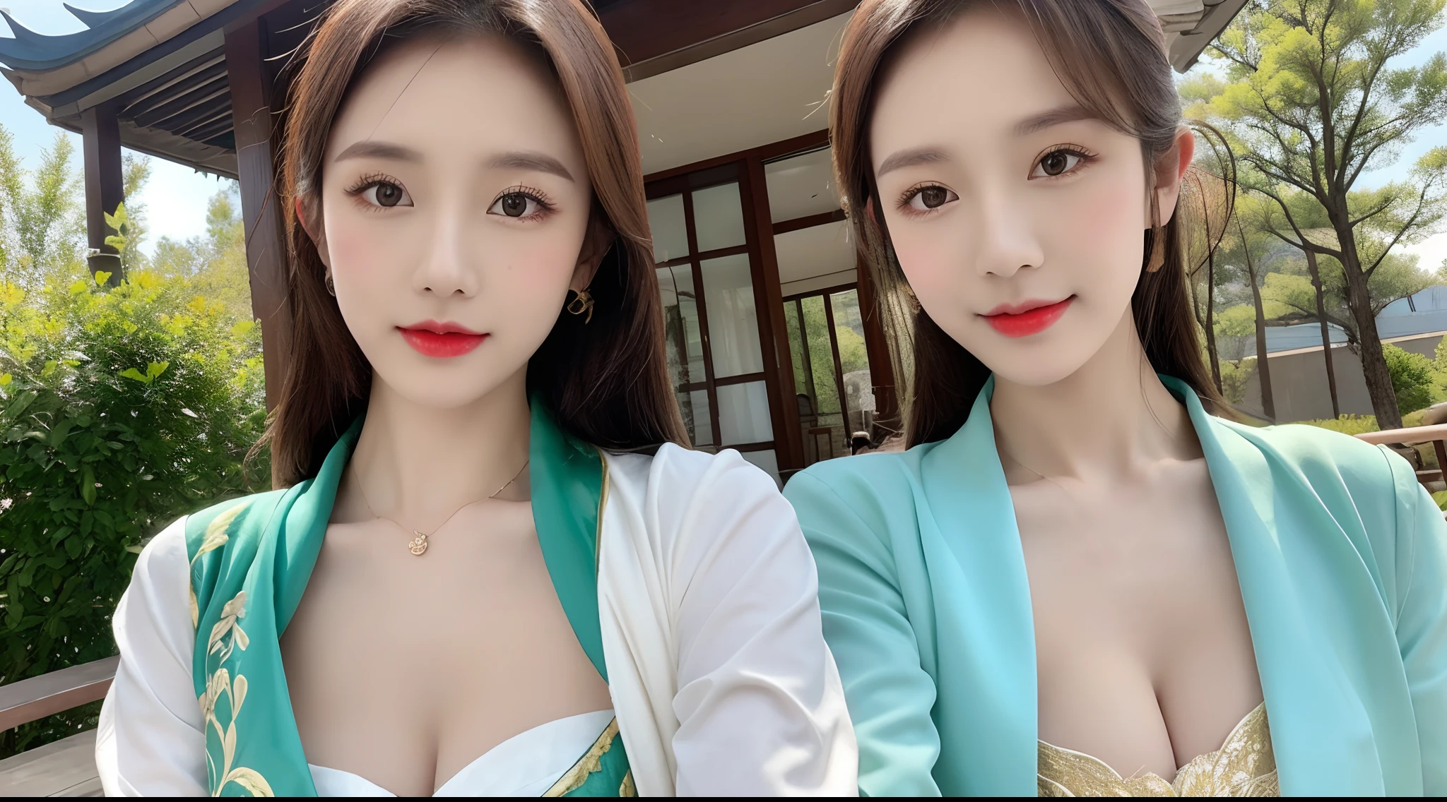(A half body，Close-up，closeup cleavage：1.2)，Arakfi Asian woman sitting in chair，Wearing a green and gold dress, (outside,NOWAI，rays of sunshine，Skysky，hot onsen，florals，grassy，nevando） ， A girl in Hanfu, Hanfu, Cheongsam, with acient chinese clothes, Traditional beauty, Traditional Chinese clothing, Wearing ancient Chinese clothes, Chinese style, Chinese dress, Chinese costume, Chinese traditional, Chinese girl, wearing ornate silk clothes，Redlip,（solo person：1.4）