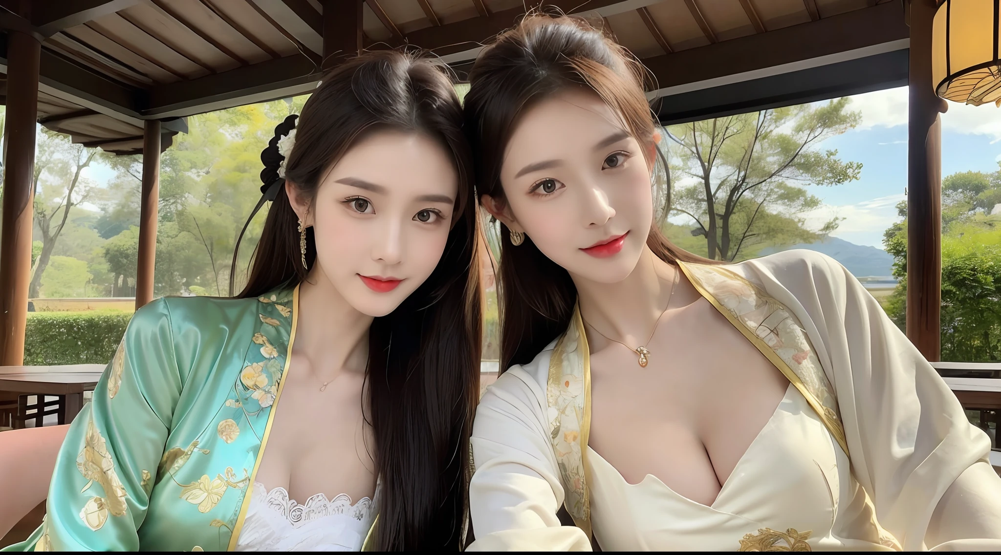 (A half body，Close-up，closeup cleavage：1.2)，Arakfi Asian woman sitting in chair，Wearing a green and gold dress, (outside,NOWAI，rays of sunshine，Skysky，hot onsen，florals，grassy，nevando） ， A girl in Hanfu, Hanfu, Cheongsam, with acient chinese clothes, Traditional beauty, Traditional Chinese clothing, Wearing ancient Chinese clothes, Chinese style, Chinese dress, Chinese costume, Chinese traditional, Chinese girl, wearing ornate silk clothes，Redlip,（solo person：1.4）