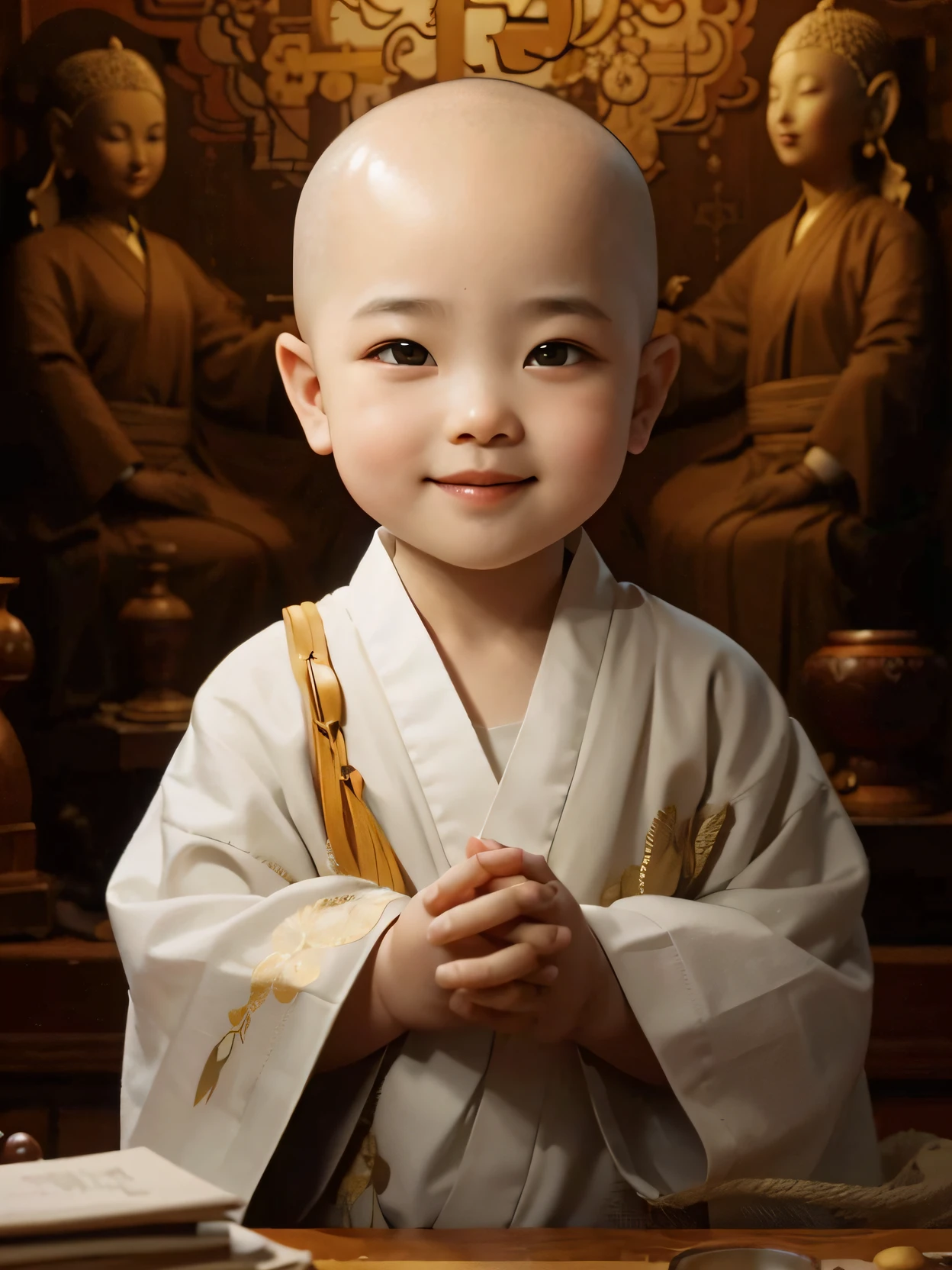 A 3-year-old bald monk，Wearing a white monk's robe，Chubby little face，Big round eyes，A  High Bridge of nose，With a smile，had his hands folded，Sit cross-legged。Lotus pattern on background。k hd，adolable，Small dimples