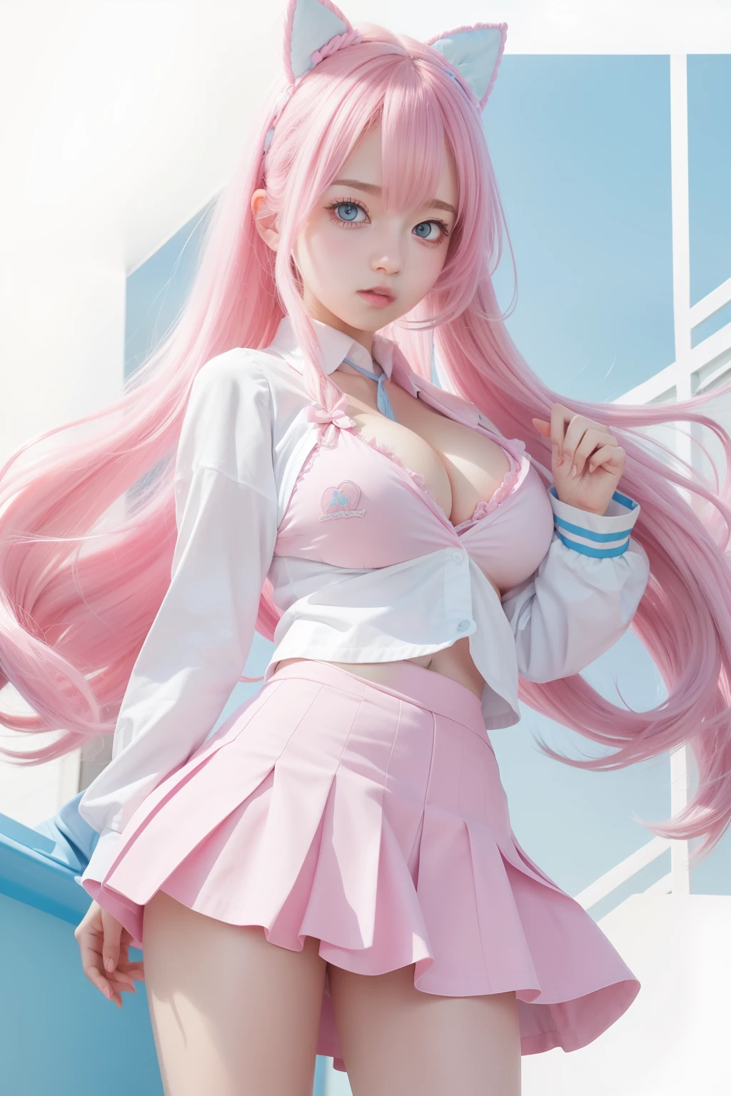 light pink colored hair，Powder-blue pupils，Wear a school uniform with a combination of pink and blue，Milky loli，super beautifulgirl，（big breasts exposed cleavage），cleavage