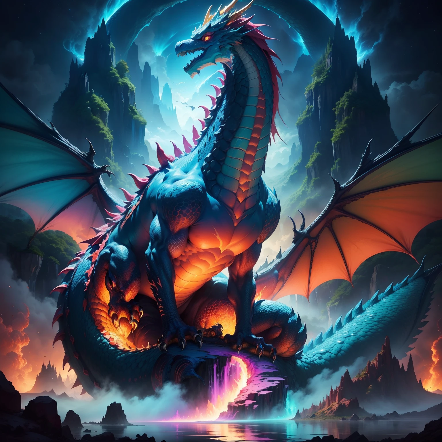 Create a vibrant artwork depicting a colossal, multicolored King Dragon reigning over the mystical Dragon Universe. Capture its grandeur as it breathes fire, surrounded by lush landscapes, cascading waterfalls, and loyal dragon guardians. Let the colors and magic of this world come alive on the canvas."