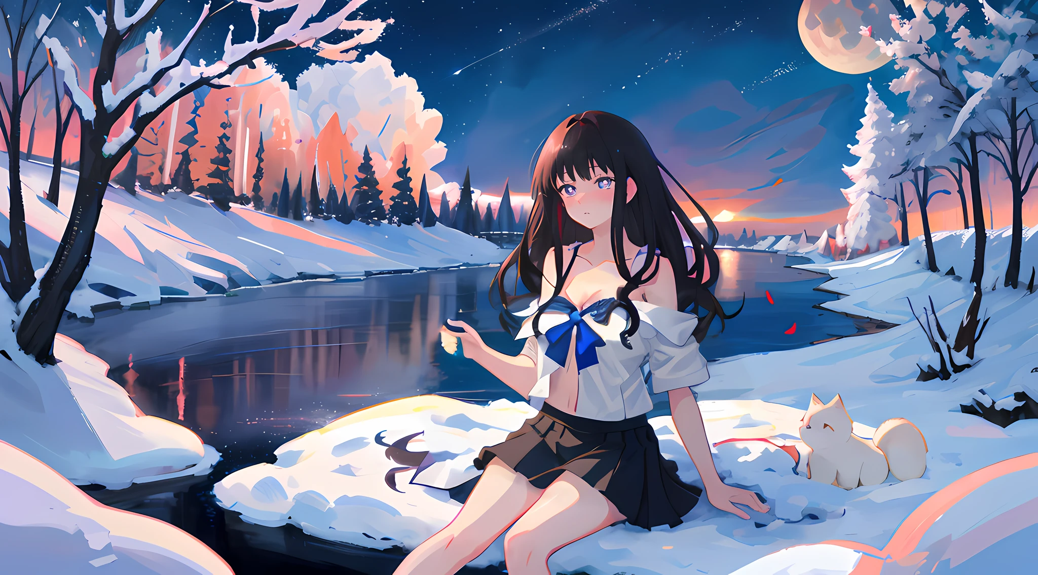 Inoue Takina, Long hair, bangs, Black hair, Purple pupils，White shirt short skirt，Bare legs，Extreme，Bare body，Expose the collarbone，Bare shoulders，Bare chest，Crop top，Bare crotch，neck bowtie，White socks，A long and wide river，the night，sitting under a cherry tree，Falling snow，snowfield，Thighs facing inward，Wide sky，small moon，Intricate clouds，Unfasten collared shirts and ties，Picturesque night view of the city，The characters are naked，Cruise ships coming and going，mediuml breasts，Bare breasts，beautiful countenance，Cinematic texture，Anime art wallpaper 8k, Beautiful anime girl, 4k manga wallpapers，Detailed，The sky passes through meteors，Masterpiece，Detailed light，illustration，Petite body，Little white socks，Beautiful detailed eyes，shyexpression，Caress your thighs，On extremely refined Cg ,Highly detailed,(Masterpiece)), Dynamic Angle, (Best quality), Best shadow,Dynamic，Great snowfield，Hillside in the distance，flower  sea，winter，Small leather shoes，solo person，Naked of breast，perfect female shape，big breasts exposed cleavage，stereograms，shadowing，Ear blush，Best quality，hyper HD，One hand ruffled his hair，heart-shaped pupils，heavy breathing，tired，wince，high details