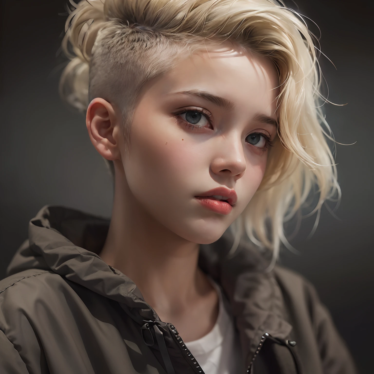 a 20 yo woman, blonde, (hi-top fade:1.3), dark theme, soothing tones, muted colors, high contrast, (natural skin texture, hyperrealism, soft light, sharp)