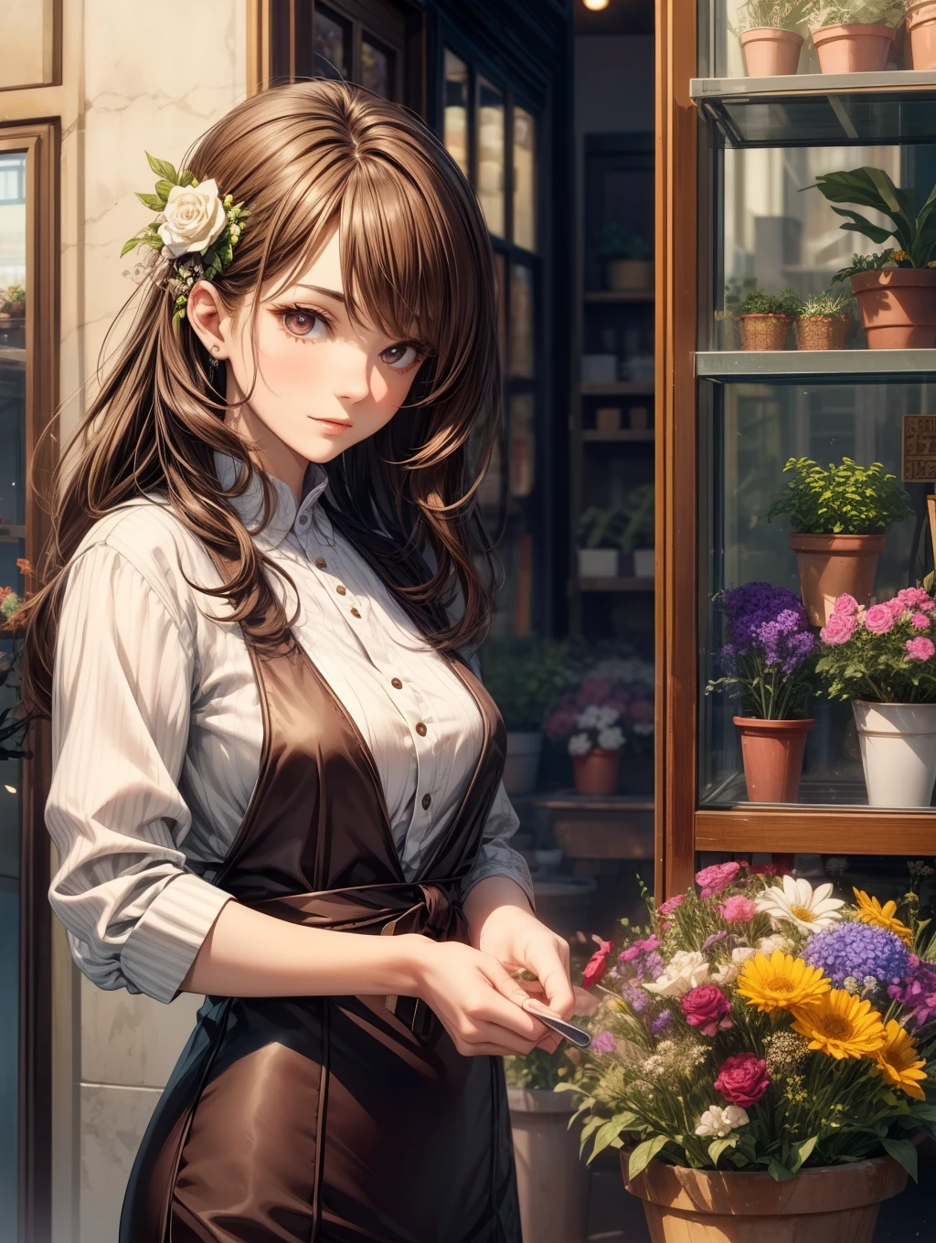 Best Quality, masutepiece, beautiful mature women、Beautiful face、Strong-minded woman、Florist clerk、brown haired、Brown-eyed、Longhaire、Flower shop、Full body like、Undersized eyes