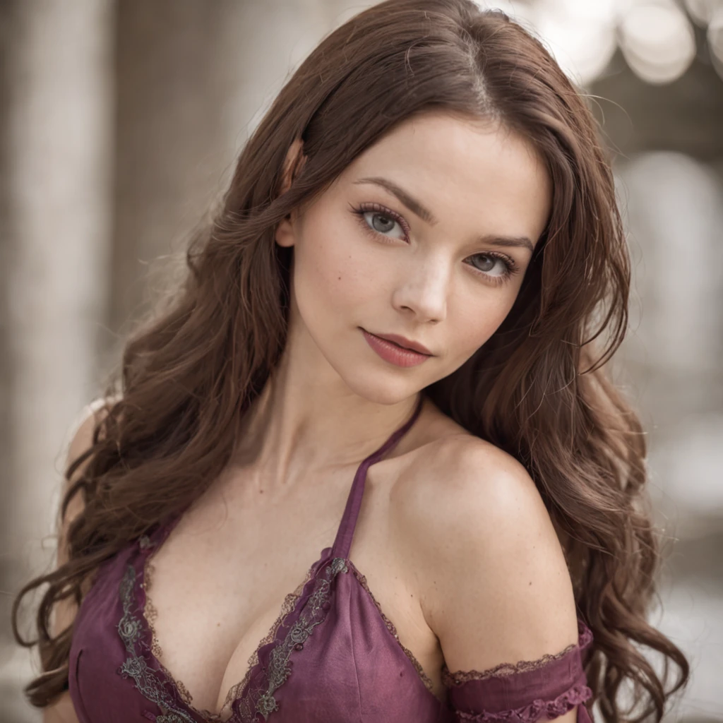 девушка - Violet Summers, 1970 year, America, steampunc, in a revealing dress, Perfect smile, erotic pose, is looking at the camera