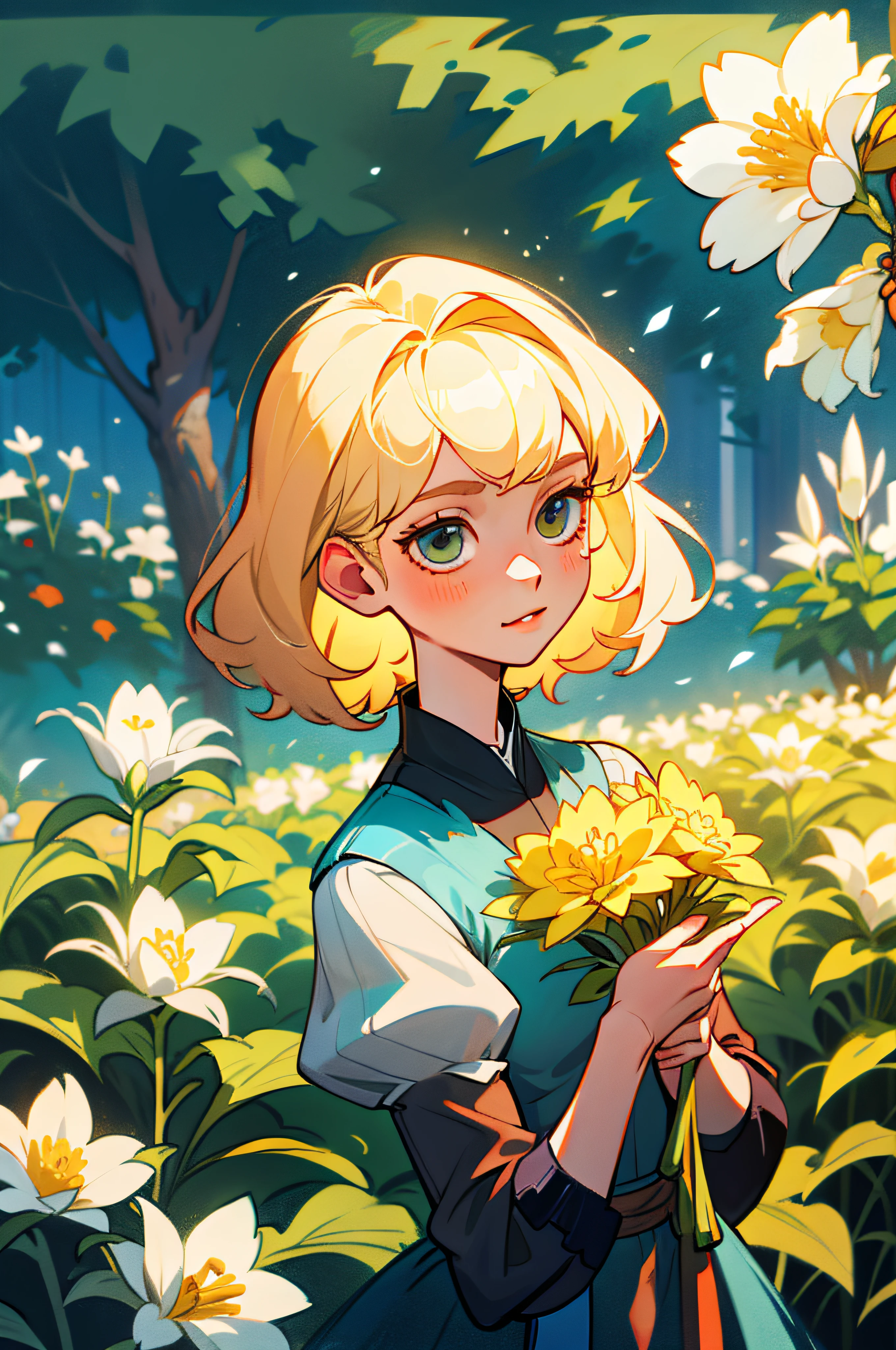 A blonde girl holding flowers in her hand in the garden。