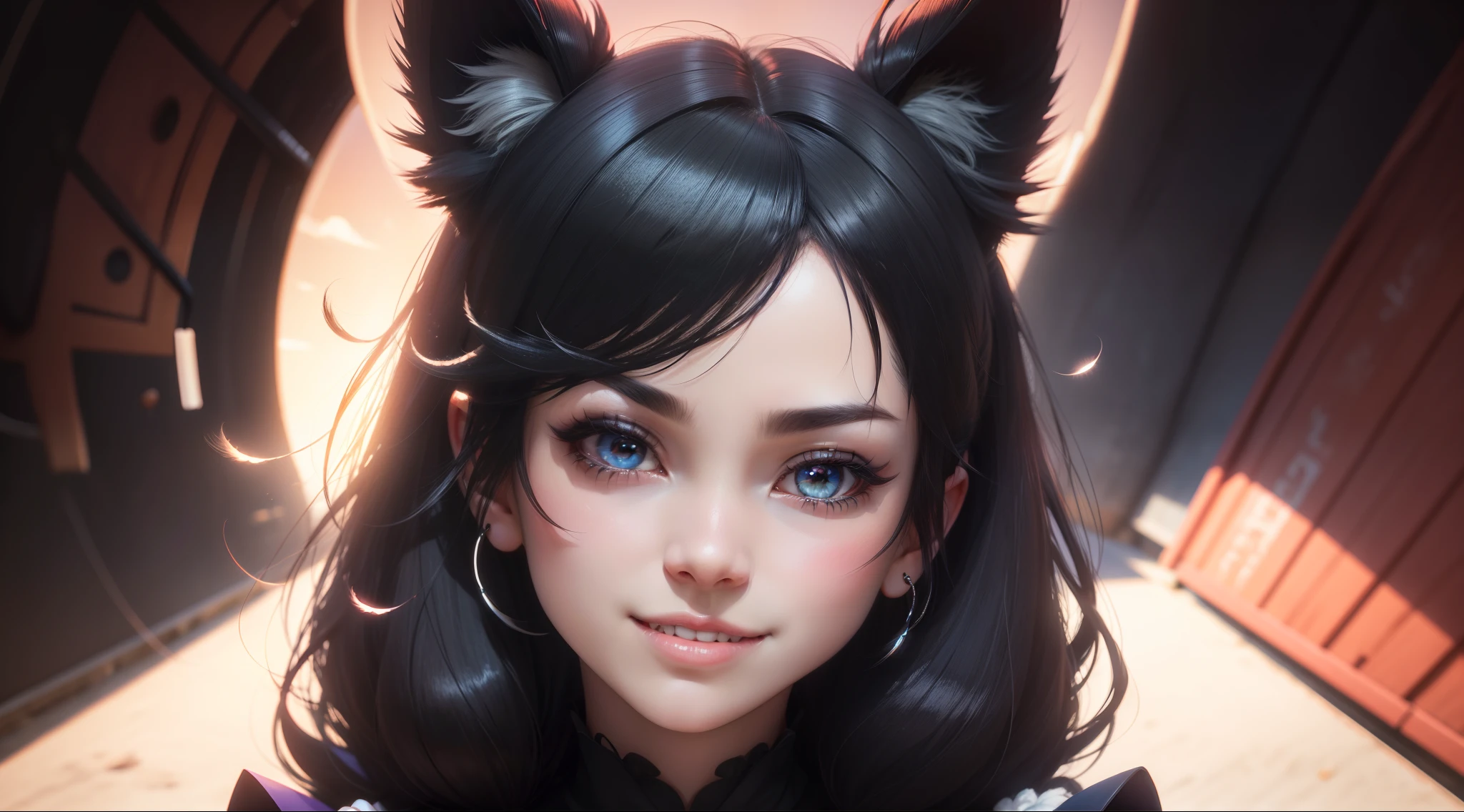 black hair, hair bobbles, wince, longeyelashes, solid circle eyes, fake animal ears, light smile, ear blush, fang, Surrealism, drop shadow, anaglyph, stereogram, tachi-e, pov, atmospheric perspective, 8k, super detail, ccurate, best quality