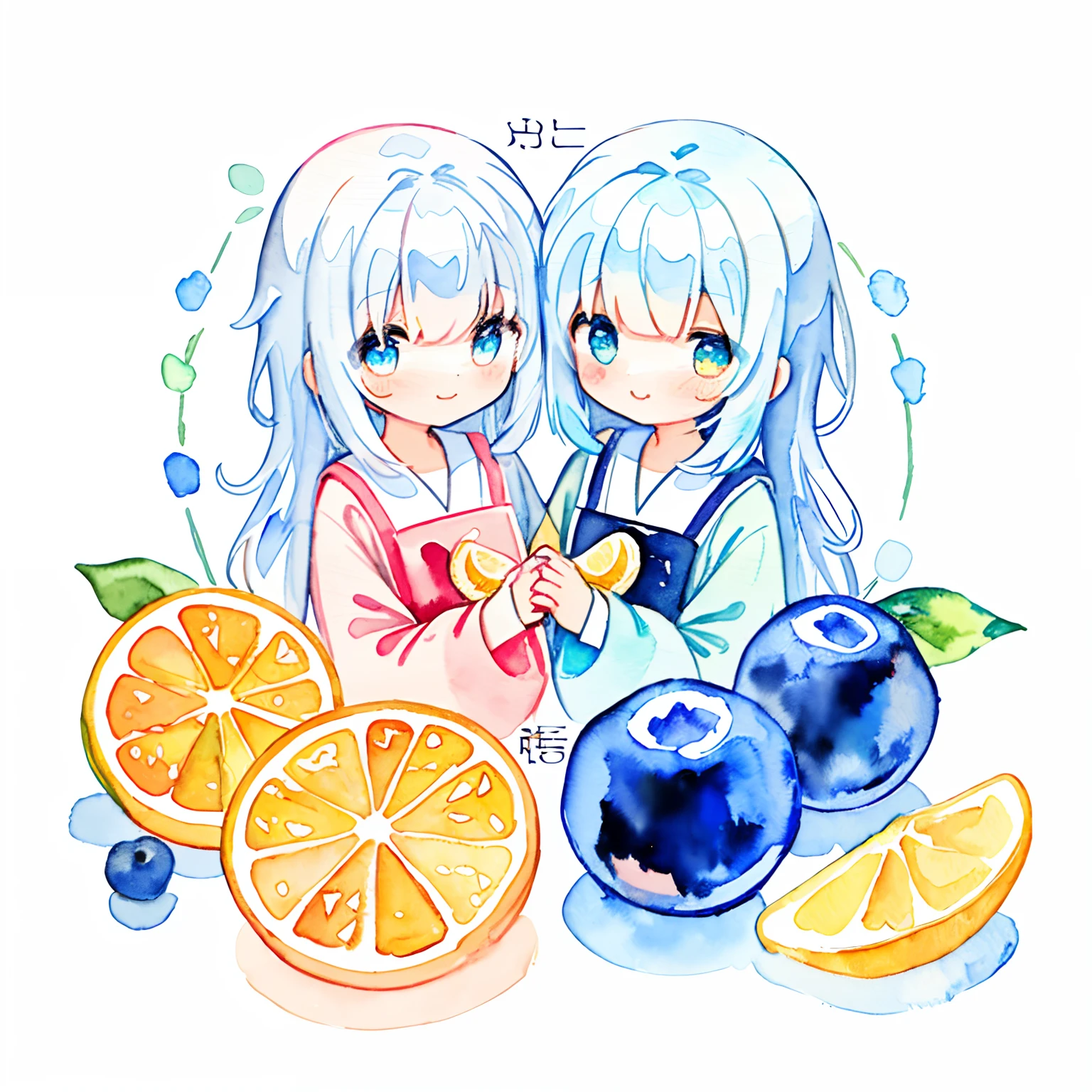 PastelColors:1.5)、(Cute illustration:1.5)、(watercolor paiting:1.2)、Light blue background、girl with、full body Esbian、A smile、Stranger、Light blue all over、Moya、marble、colourfull、jello、blueberry、lemons、Jelly Girl、White hair、light blue eyes、Yellow eyes、twinsies