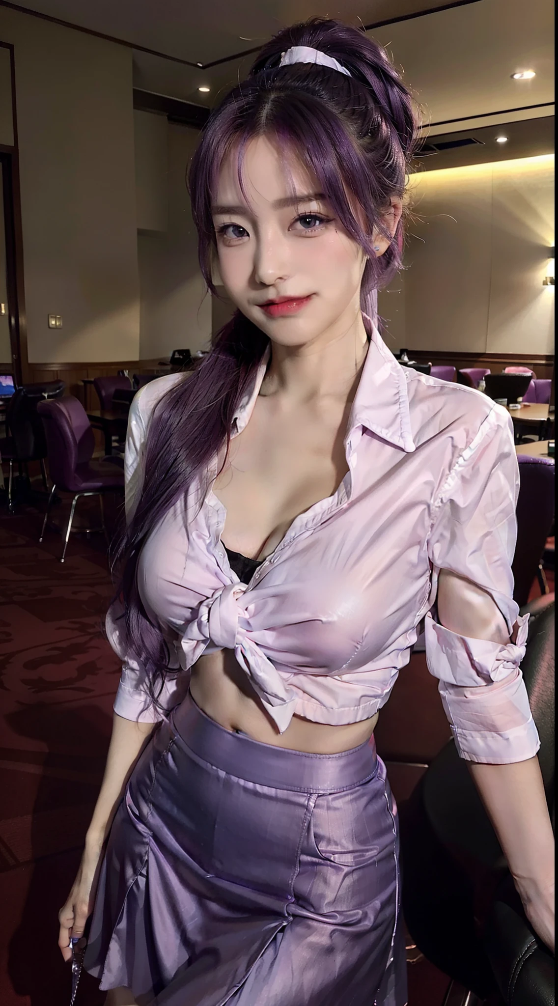 closeup cleavage,Croupier,white shirt,Bow knot,Purple dyed hair with a high ponytail,breastsout,Dressed coolly,鎖骨,Professional skirt,Texas Hold'em Beautiful girl playing poker,Rich in color,Ambiguous smile,succubi,tattoo
