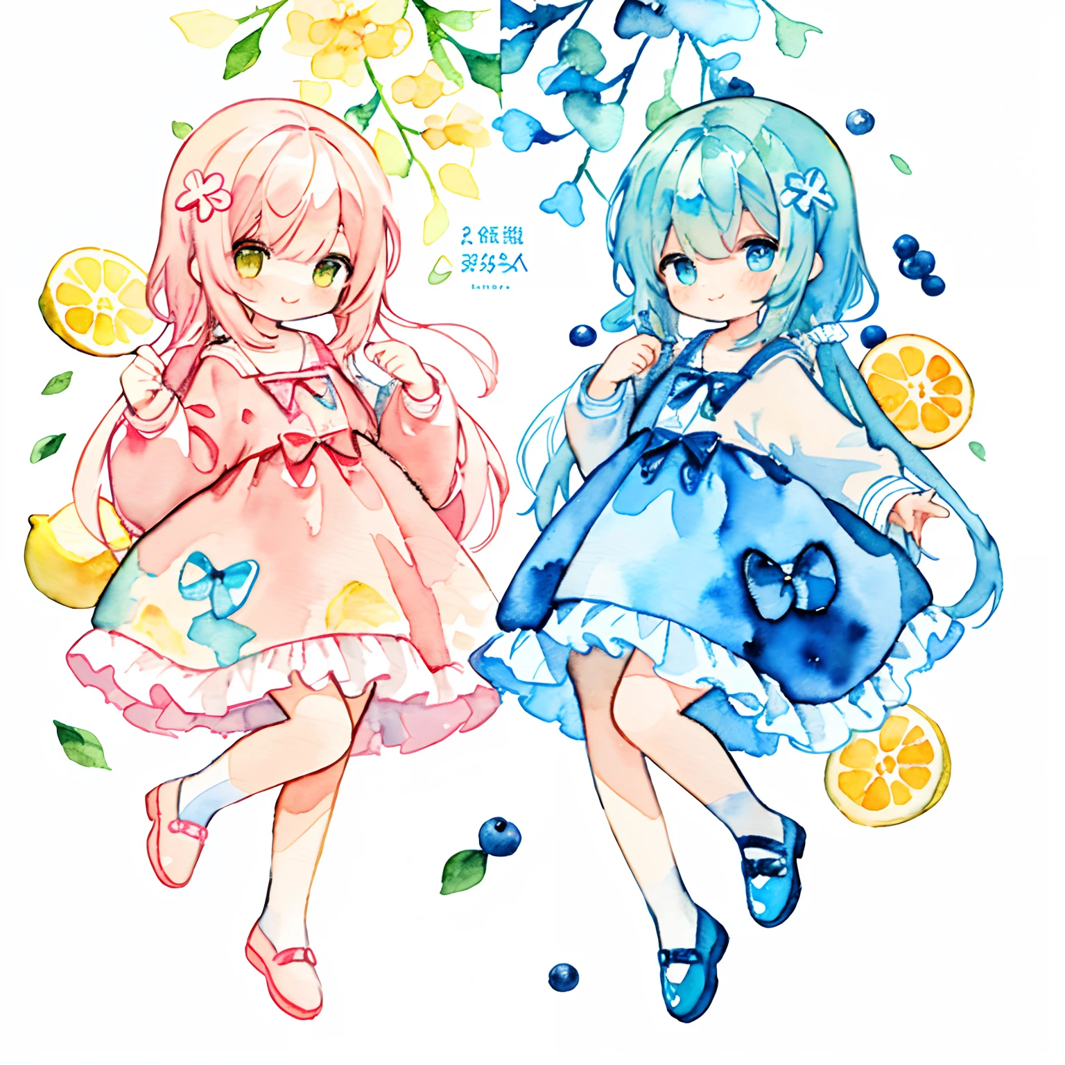 PastelColors:1.5)、(Cute illustration:1.5)、(watercolor paiting:1.2)、Light blue background、girl with、full body Esbian、A smile、Stranger、Light blue all over、Moya、marble、colourfull、jello、blueberry、lemons、light blue  eyes、Yellow eyes、twinsies
