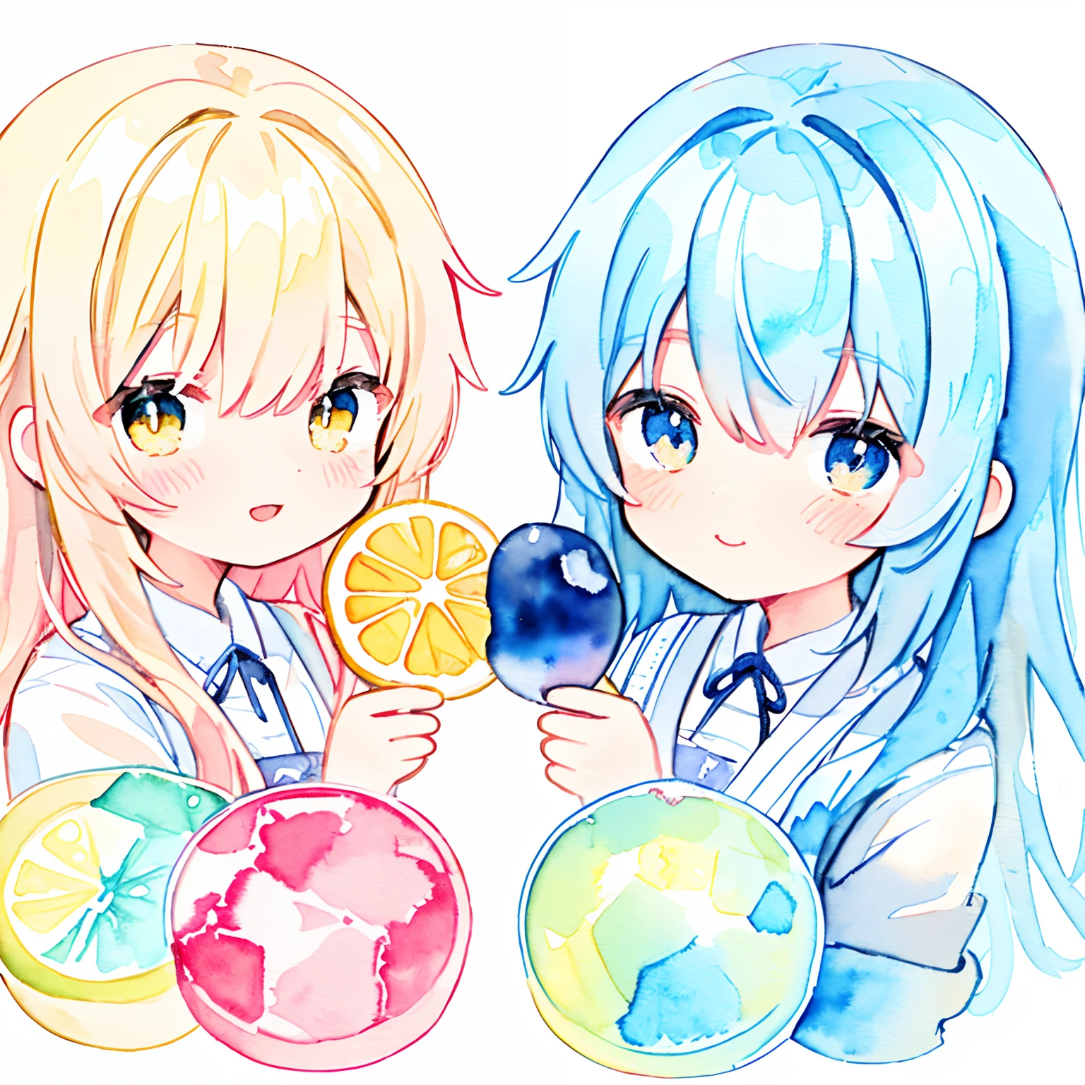 PastelColors:1.5)、(Cute illustration:1.5)、(watercolor paiting:1.2)、Light blue background、girl with、full body Esbian、A smile、Stranger、Light blue all over、Moya、marble、colourfull、jello、blueberry、lemons、light blue  eyes、Yellow eyes、twinsies