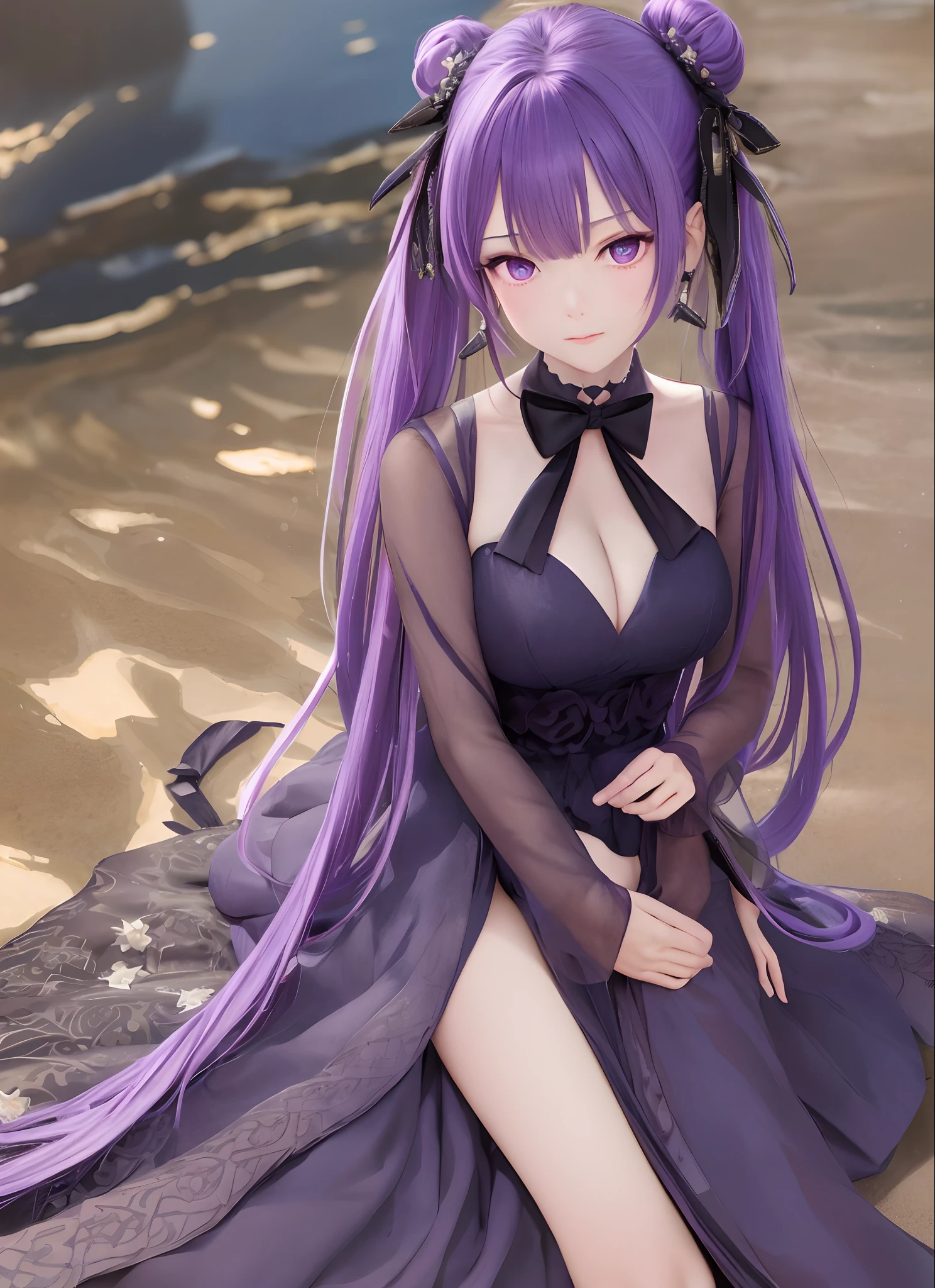 masterpiece, best quality,absurdres,sfw, extremely detailed cg unity 8k wallpaper,1girl,full body,keqing (opulent splendor) (genshin impact), keqing (genshin impact), official alternate costume, dress, cone hair bun, night, strapless dress, looking at viewer, long hair, cleavage, black dress, hair bun, strapless, bare shoulders, purple hair, bangs, bow, detached collar, purple eyes, diamond-shaped pupils, ribbon, double bun, twintails, two-tone dress, medium breasts, hair ornament, black bow, hair ribbon, blue dress, bowtie, hair between eyes, earrings,sitting, hugging own legs, beach, blue sky,