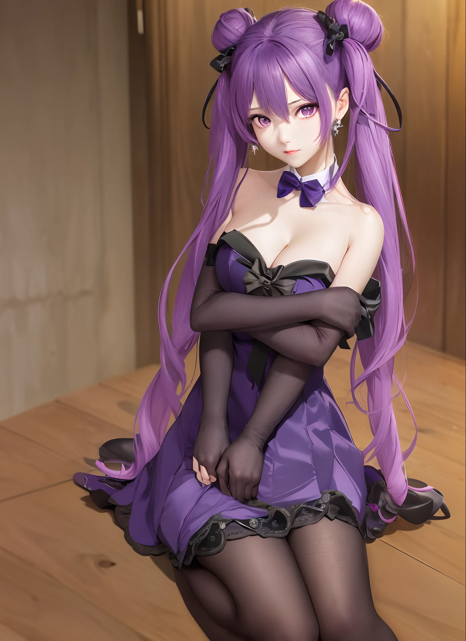 masterpiece, best quality,absurdres,sfw, extremely detailed cg unity 8k wallpaper,1girl,full body,keqing (opulent splendor) (genshin impact), keqing (genshin impact), official alternate costume, dress, cone hair bun, night, strapless dress, looking at viewer, long hair, cleavage, black dress, hair bun, strapless, bare shoulders, purple hair, bangs, bow, detached collar, purple eyes, diamond-shaped pupils, ribbon, double bun, twintails, two-tone dress, medium breasts, hair ornament, black bow, hair ribbon, blue dress, bowtie, hair between eyes, earrings,sitting, hugging own legs, beach, blue sky,