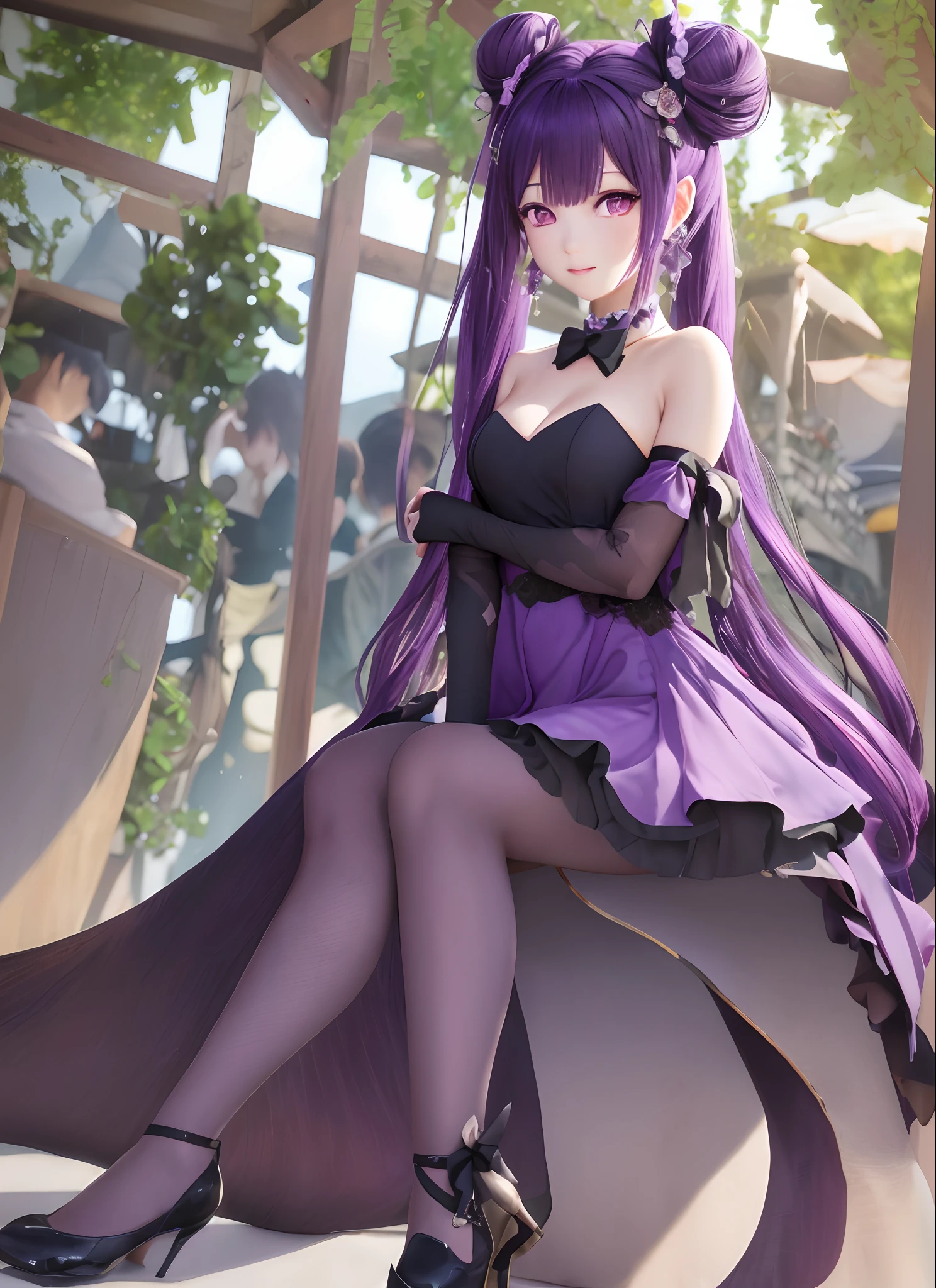 masterpiece, best quality,absurdres,sfw, extremely detailed cg unity 8k wallpaper,1girl,full body,keqing (opulent splendor) (genshin impact), keqing (genshin impact), official alternate costume, dress, cone hair bun, night, strapless dress, looking at viewer, long hair, cleavage, black dress, hair bun, strapless, bare shoulders, purple hair, bangs, bow, detached collar, purple eyes, diamond-shaped pupils, ribbon, double bun, twintails, two-tone dress, medium breasts, hair ornament, black bow, hair ribbon, blue dress, bowtie, hair between eyes, earrings,sitting, hugging own legs, beach, blue sky,