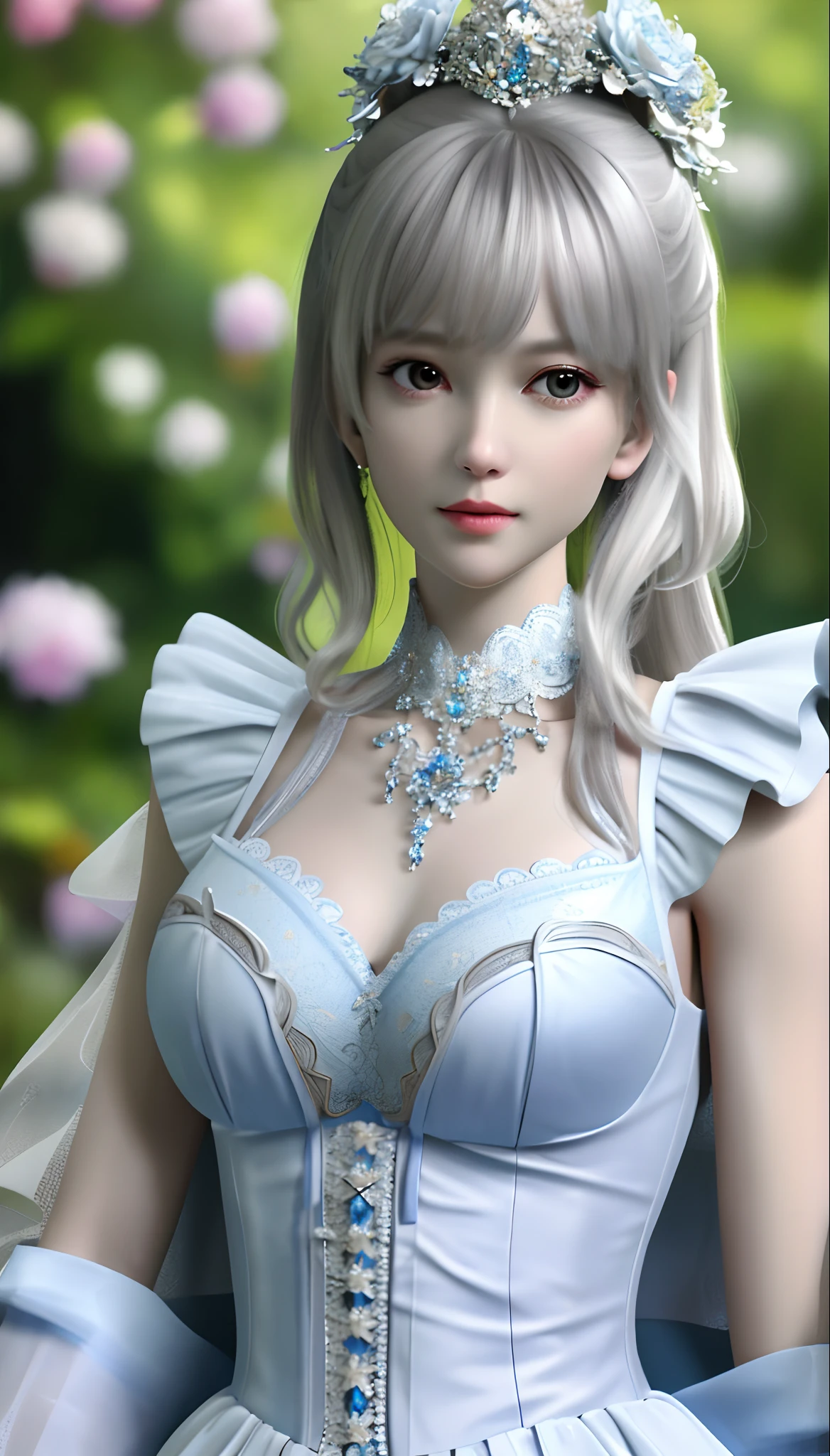 1girl, looking at viewer,
upper body, 3D, realistic,
large breasts, excessively frilled princess dress, draped clothes, jewelry, ornament, flower, lace trim,
masterpiece, best quality, 8k, detailed skin texture, detailed cloth texture,  beautiful detailed face, intricate details, ultra detailed,
rim lighting, side lighting, cinematic light, ultra high res, 8k uhd, film grain,best shadow, delicate, RAW