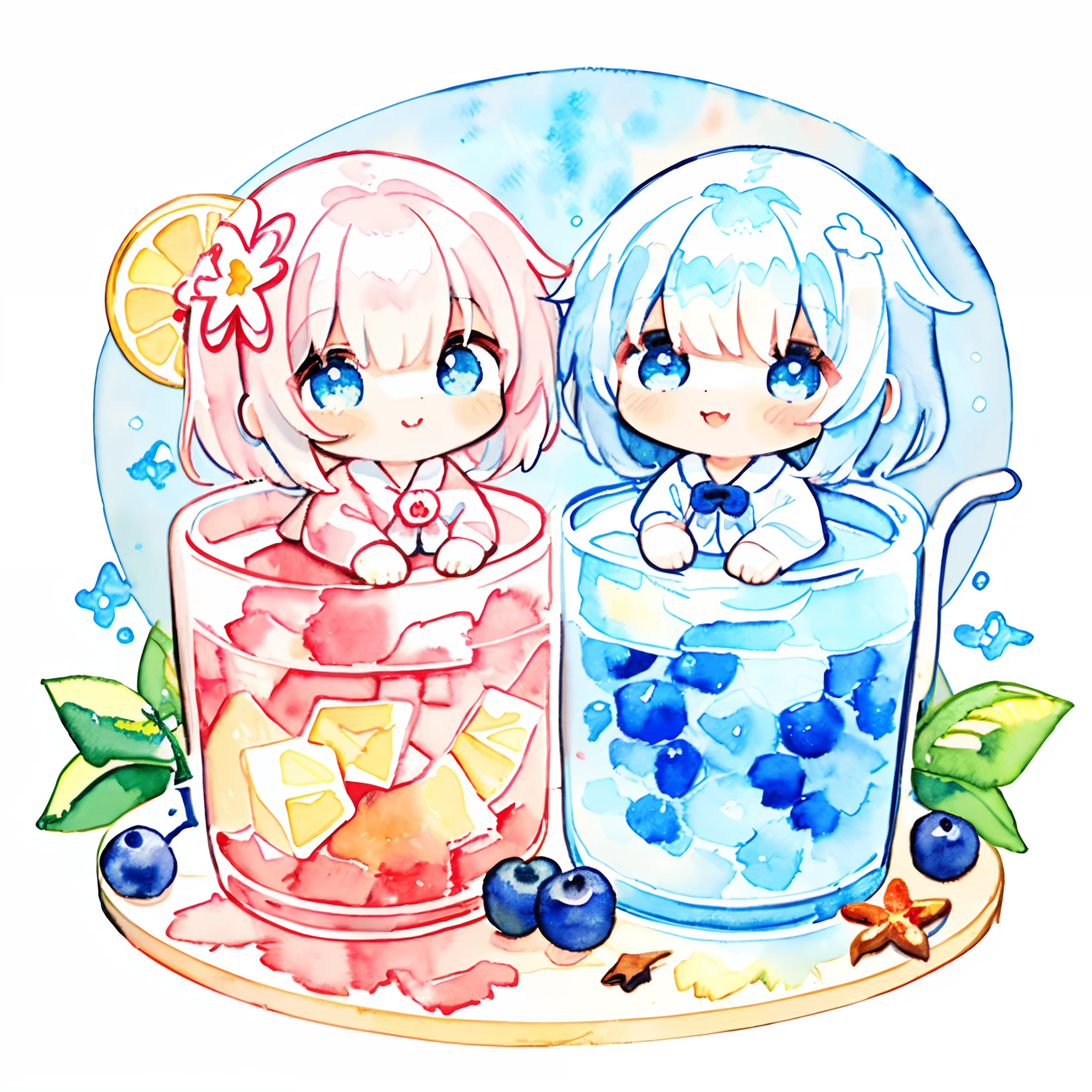 PastelColors:1.5)、(Cute illustration:1.5)、(watercolor paiting:1.2)、Light blue background、girl with、full body Esbian、A smile、Stranger、Light blue all over、Moya、marble、colourfull、jello、blueberry、Cinnamoroll Girl、White hair、light blue  eyes