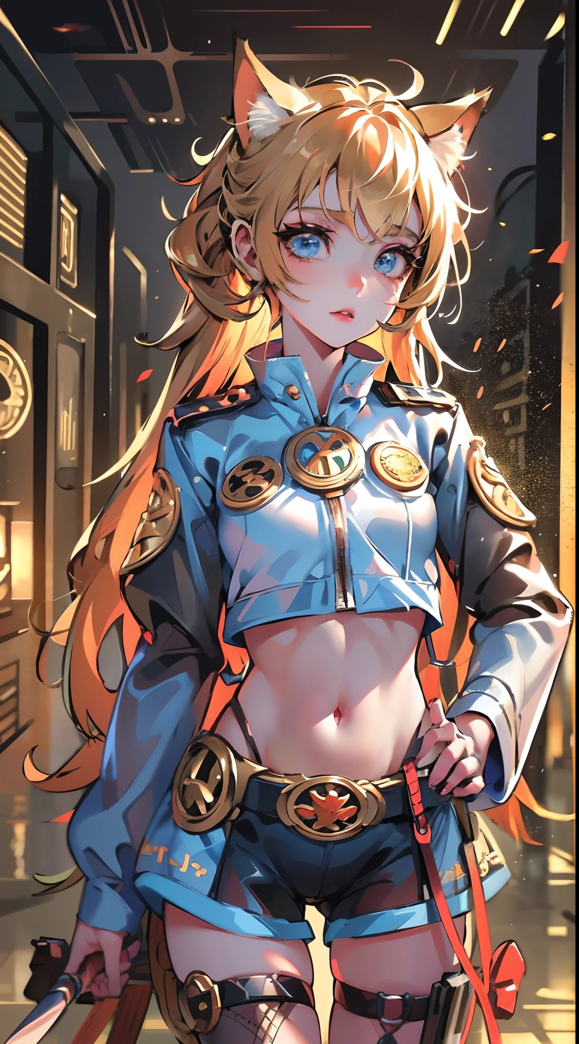 ukrainian girl , Ukrainian anime girl , 。.3D , ukranian , The whole body consists of a young girl with messy light blonde hair, eye makeup, 11yo, Cat ears, Soft lighting, Solo, Wearing a shabby, dirty, ragged futuristic military uniform, Cat's paw badge, Pose, Spot color, rendering by octane, Ultra-realistic intricate details, Cinematic, 8K resolution, 70mm, emphasis lighting, Global illumination, Full body portrait, clean detailed faces, complex clothing, Cute face, Flat chest, Slim waist, Slim legs, Small hips