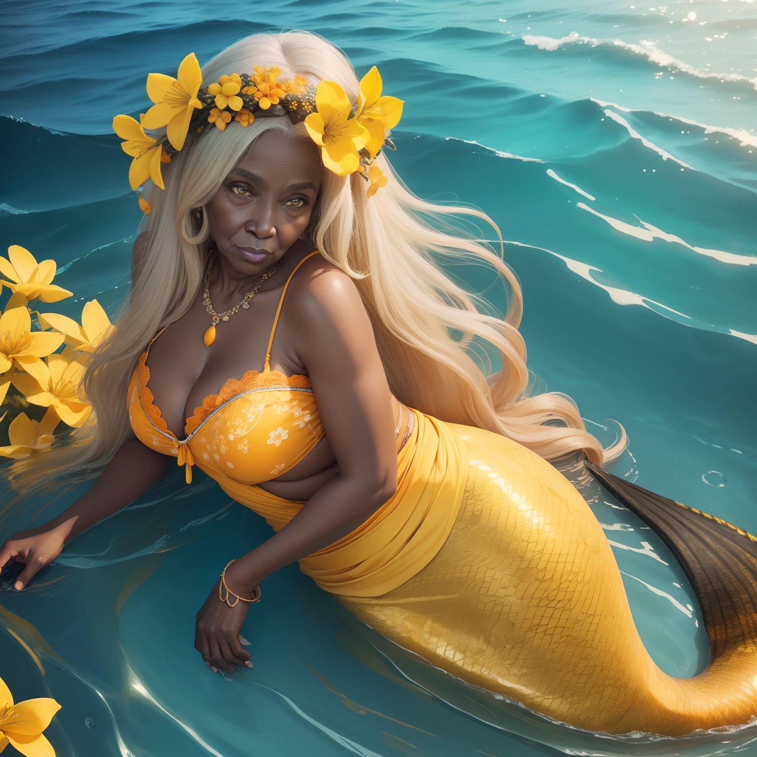 pretty old woman, yellow mermaid, black skin, long blond hair, ocean eyes, big lips, in the ocean, with orange flowers, sensual look, yellow astetic, 4k, old woman, old lady
