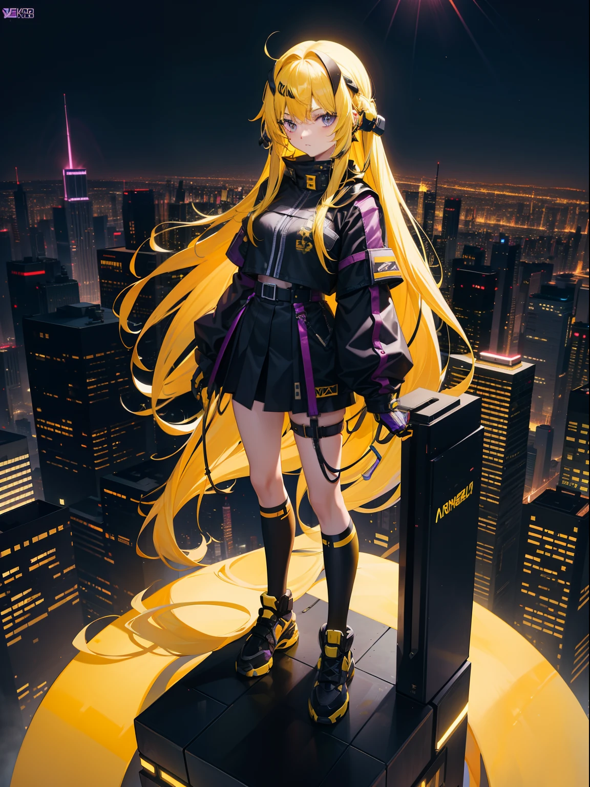 yellow long hair,teens girl,18yr old,armour,Cyber-keynote,Standing on top of tall buildings,You can see the city from above,Purple-black sky,Tech Style