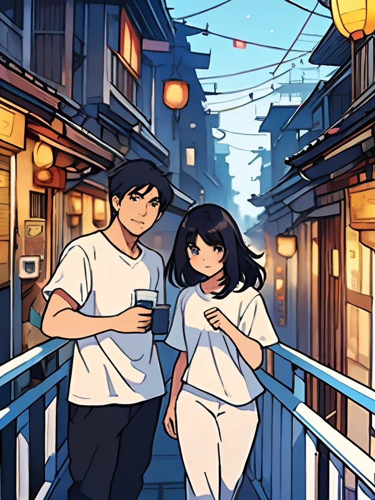 there are a woman and a man standing on a balcony with a city in the background, white tshirt, dressed in a white t shirt, wearing white shirt, plain white tshirt, dressed in a white t-shirt, white t-shirt, white t - shirt, white shirt, wearing a t-shirt, wearing a white shirt, white top, wearing a light shirt,  anime, artstyle, beautiful woman, anime face,  anime woman, painting, art, black hair, asia woman, pretty smile, night city background, handsome man, anime man, asia man