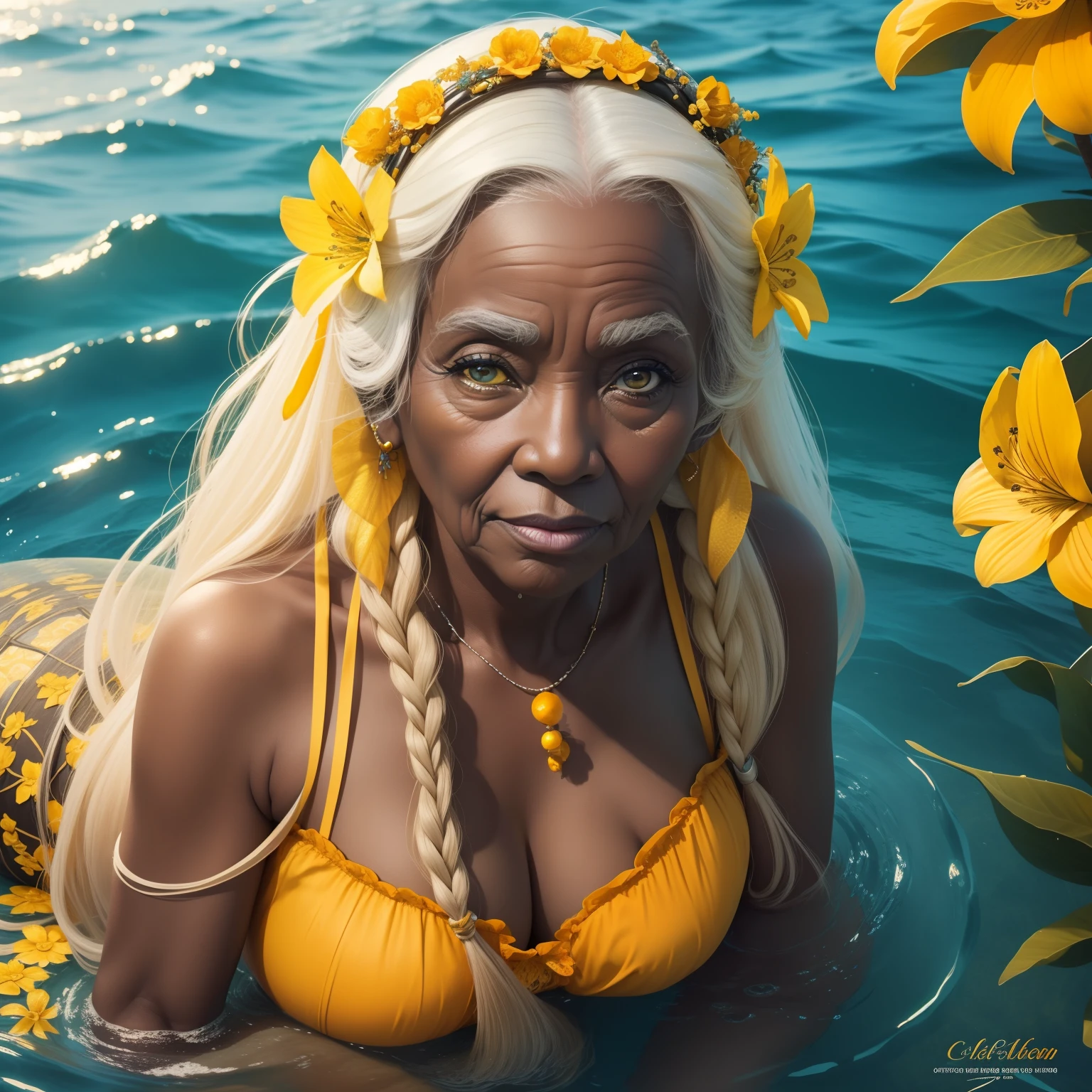 pretty old woman, yellow mermaid, black skin, long blond hair, ocean eyes, big lips, in the ocean, with orange flowers, sensual look, yellow astetic, 4k, old woman, old lady