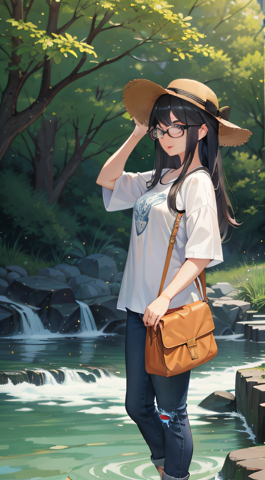 A picturesque scene unfolds as a young girl with black hair dons a fishing hat, jeans, and glasses. Her choice of attire blends a sense of adventure with practicality. The fishing hat shields her from the elements, while her jeans provide comfort for outdoor exploration. The glasses hint at her intellectual pursuits, adding an intriguing facet to her appearance. This portrayal captures the essence of her distinctive style, rendered with detail and a palette that mirrors the combination of practicality and personal expression.