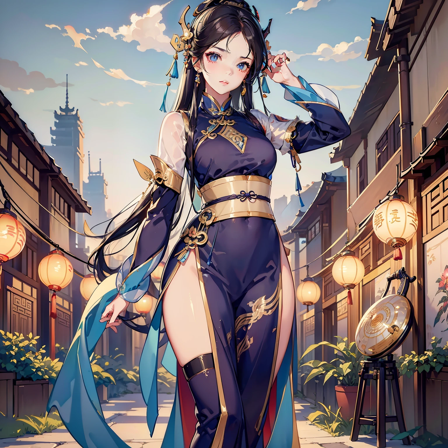 Beautiful girl in Xianshan, holding a fan, big breasts, blue eyes, cold eyes looking into the distance, black hair, black stockings, cheongsam clothing --auto --s2