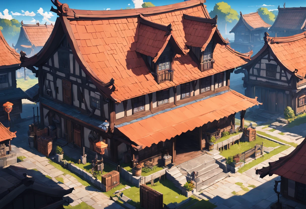 game footage,isometry,Pixel play style,pixal style,Blacksmith shop,building exterior,in a panoramic view,depth of fields,high light,Real light,Ray traching,oc rendered,Hyper-realistic,best qualtiy,8K,Works of masters,super-fine,Detailed pubic hair,