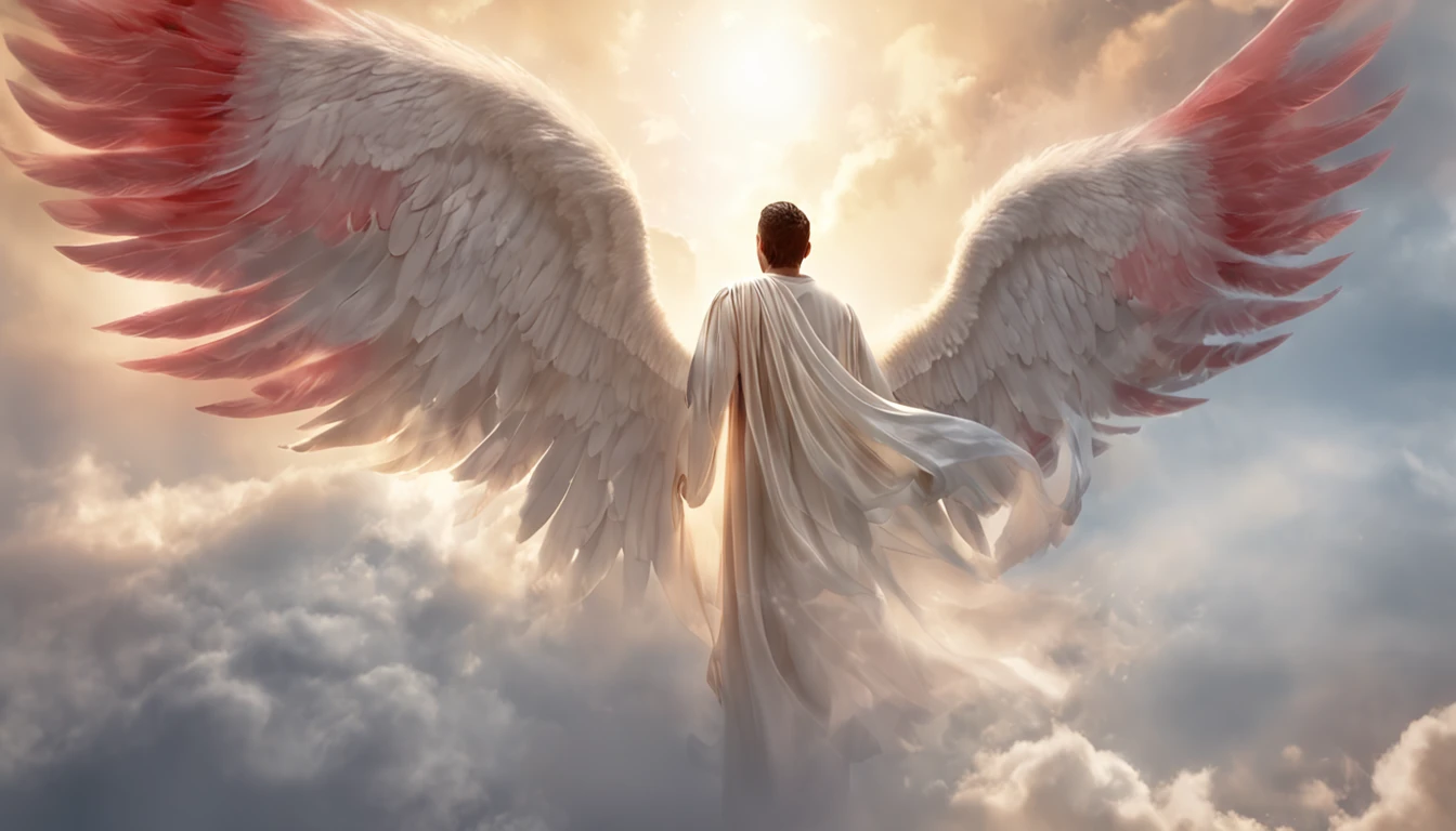 There is a painting of an angel with wings in the sky, Anjo majestoso de corpo inteiro, vestido com roupas brancas e vermelhas, biblical accurate angel, Arcanjo Miguel, anjo protegendo em guarda, angel spirit guide, angelic, Arcanjo Miguel, humano alado, epic angel wings, anjo lindo, anjo, being brilliant angelic, angelic, Tema de anjo, Alto Anjo tiro distante, Biblical setting, anjo guerreiro, with a spear in his hand, vestes vermelhas estilo soldado romano, anjo aparentando idade de 40 anos e majestoso