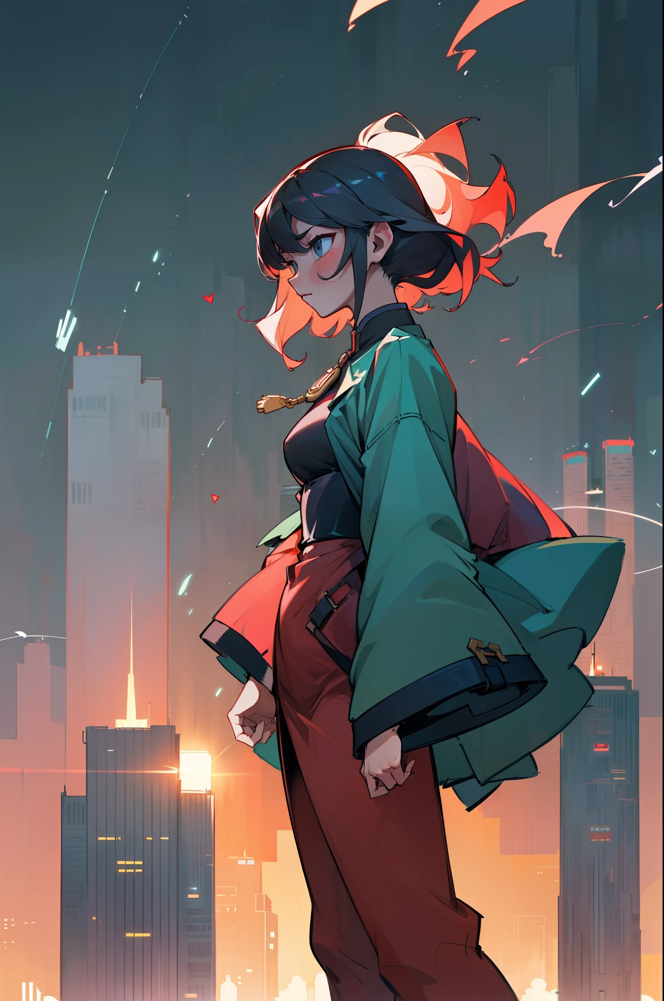(((High-rise buildings)),The city center is full of traffic),Short walk,Zhu Qing looked at the pulse of the skyscraper。Flashing future aspirations,Challenge courage springs in,The heartbeat is synchronized with the pulse of the city,The beginning of a new life。(Optimized Prompt)