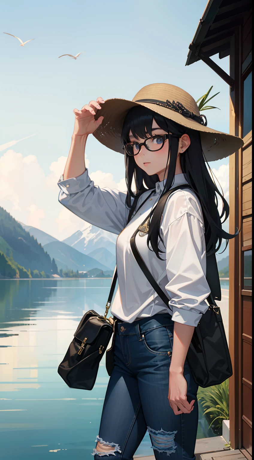 A picturesque scene unfolds as a young girl with black hair dons a fishing hat, jeans, and glasses. Her choice of attire blends a sense of adventure with practicality. The fishing hat shields her from the elements, while her jeans provide comfort for outdoor exploration. The glasses hint at her intellectual pursuits, adding an intriguing facet to her appearance. This portrayal captures the essence of her distinctive style, rendered with detail and a palette that mirrors the combination of practicality and personal expression.
