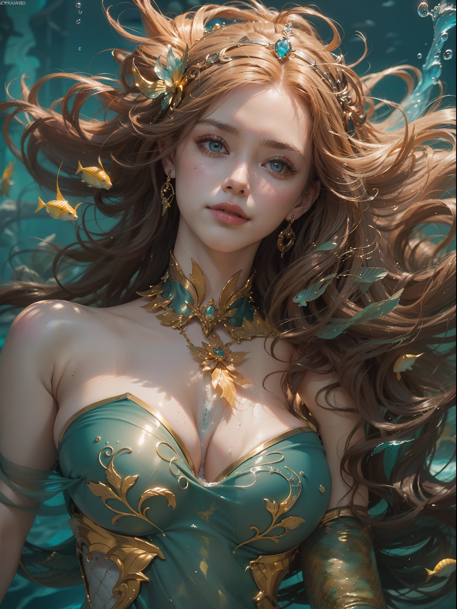 (number々Award-winning masterpieces of, with incredible detail, textures and maximum detail), beautiful golden scales、Erotic golden costume、very Bigger breasts、Slim waist、Breast exposure、Blue eyes、(full-body view:1.5), (Hyper realistic:1.4), (Realistic:1.3), (Top quality real texture skins), (((in water))), (Deep sea:1.5), (fine perfectly symmetrical eyes), finerly detailed face, ((medieval world)), (full-body view:1.5), ((mermaid)), ((Mermaid Princess)), ((Mermaid aristocracy)), (Brighten and burn your eyes like ice), (She has a mischievous smile on her face), colorful coral reef, Shining majestic water and light, (beautidful eyes:1.5), (full-body view:1.5), (Swirling water flow and background flow), (Dramatic light), (A majestic sight), (Her countenance is gentle and beautiful), Glass earrings on the ears, (dramatic photography:1.4), ((dramatic pose)), (flamboyant photo), (long hair of golden color), (full-body view:1.5), ((Looking down)), (Around her neck is a simple necklace of exquisite workmanship), (Bioluminescence with brilliant brilliance:1.3), (Use fancy hydromagic:1.2), (Beautiful fish in the surroundings), (full-body view:1.5), Epic Realistic, Faded, Art Book, (Greg Rutkowski:0.8), (teal and orange:0.4), (Art Station:1.5), Cinematic, ((Neutral colors)), (nffsw:1.5), (Muted colors:1.2), Hyper Detailed, Dramatic light, (Intricate details:1.1), Complex background,Luxurious tiara on the head、