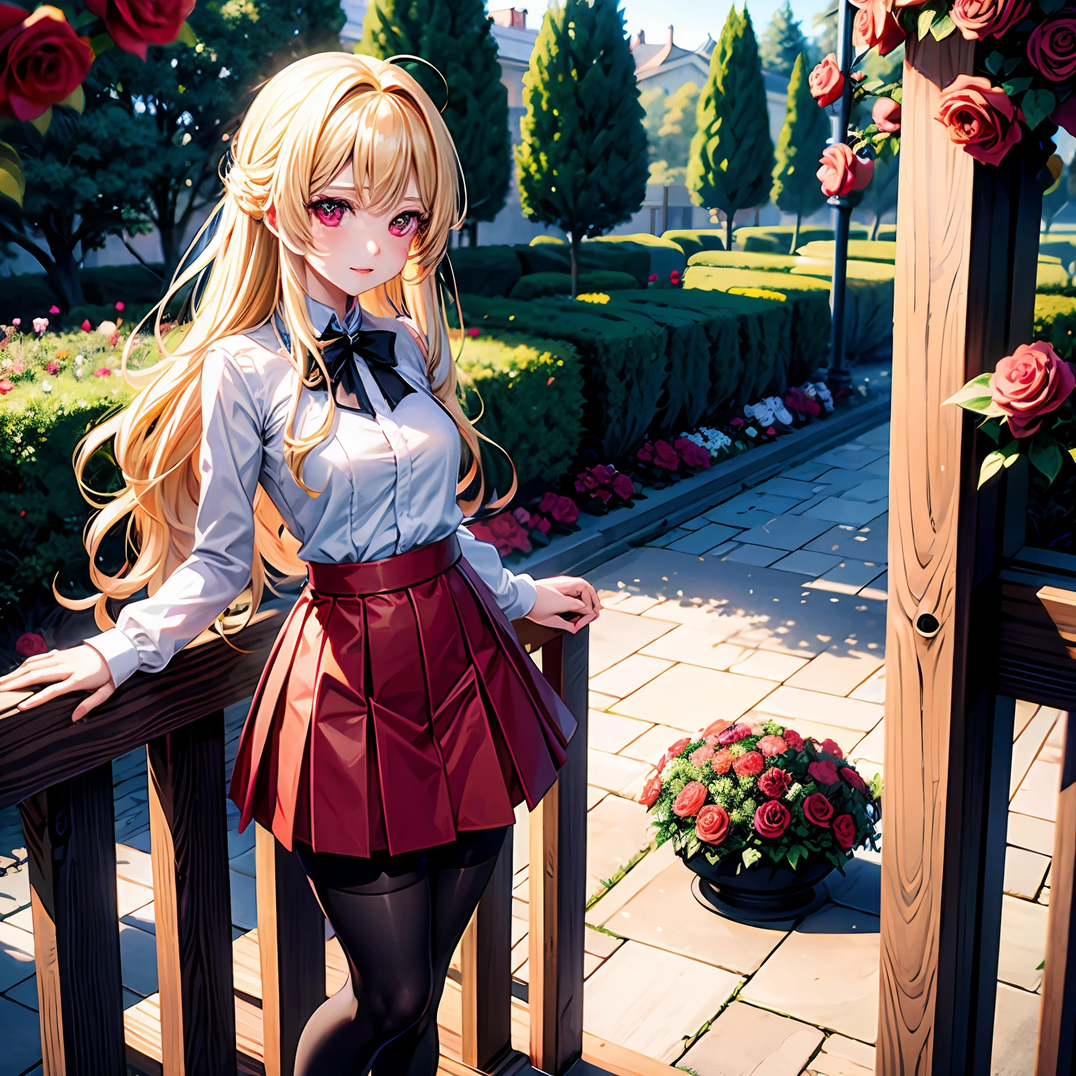 Wavy blonde、red eyes、Beautiful girl alone、独奏、a miniskirt、Black tights、Rose Garden