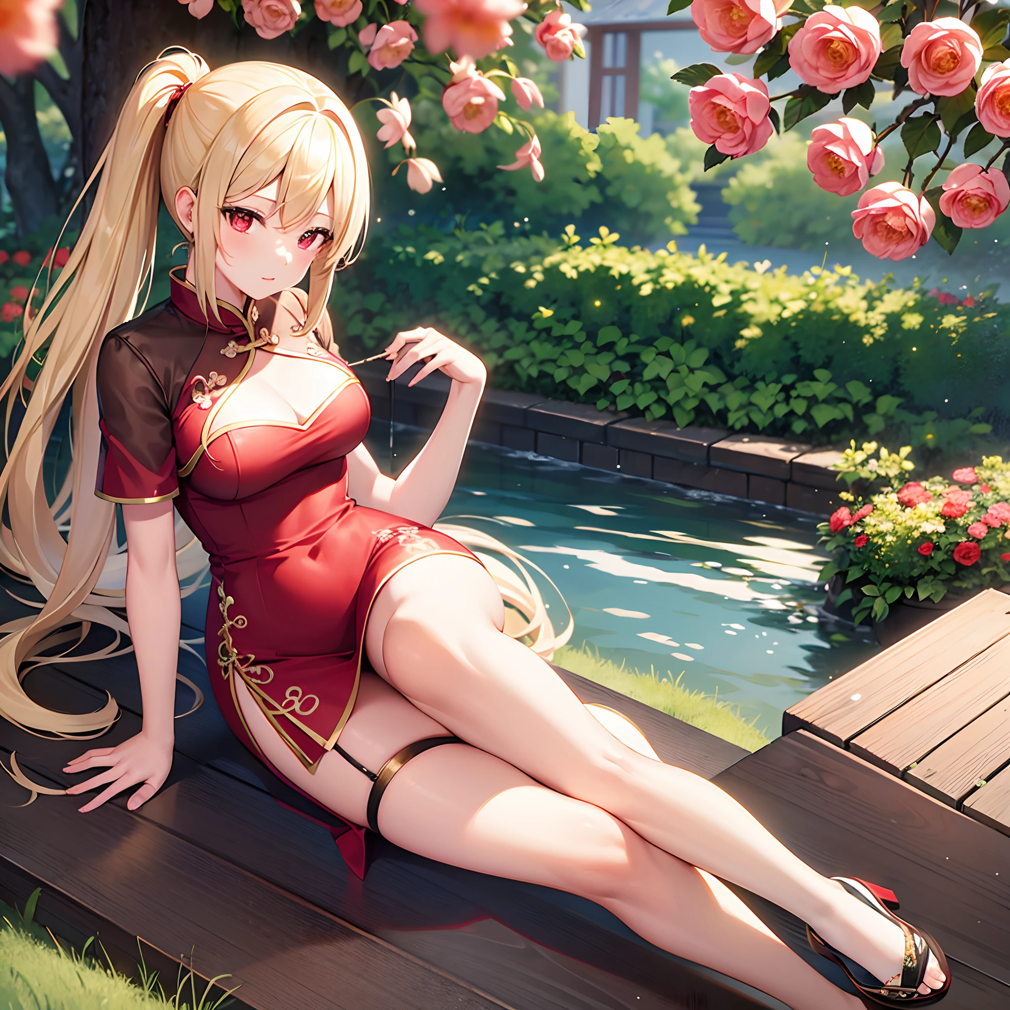 One beautiful blonde girl、独奏、、poneyTail、red eyes、qipao dress、Surrounded by flowers、sitting on、A sexy