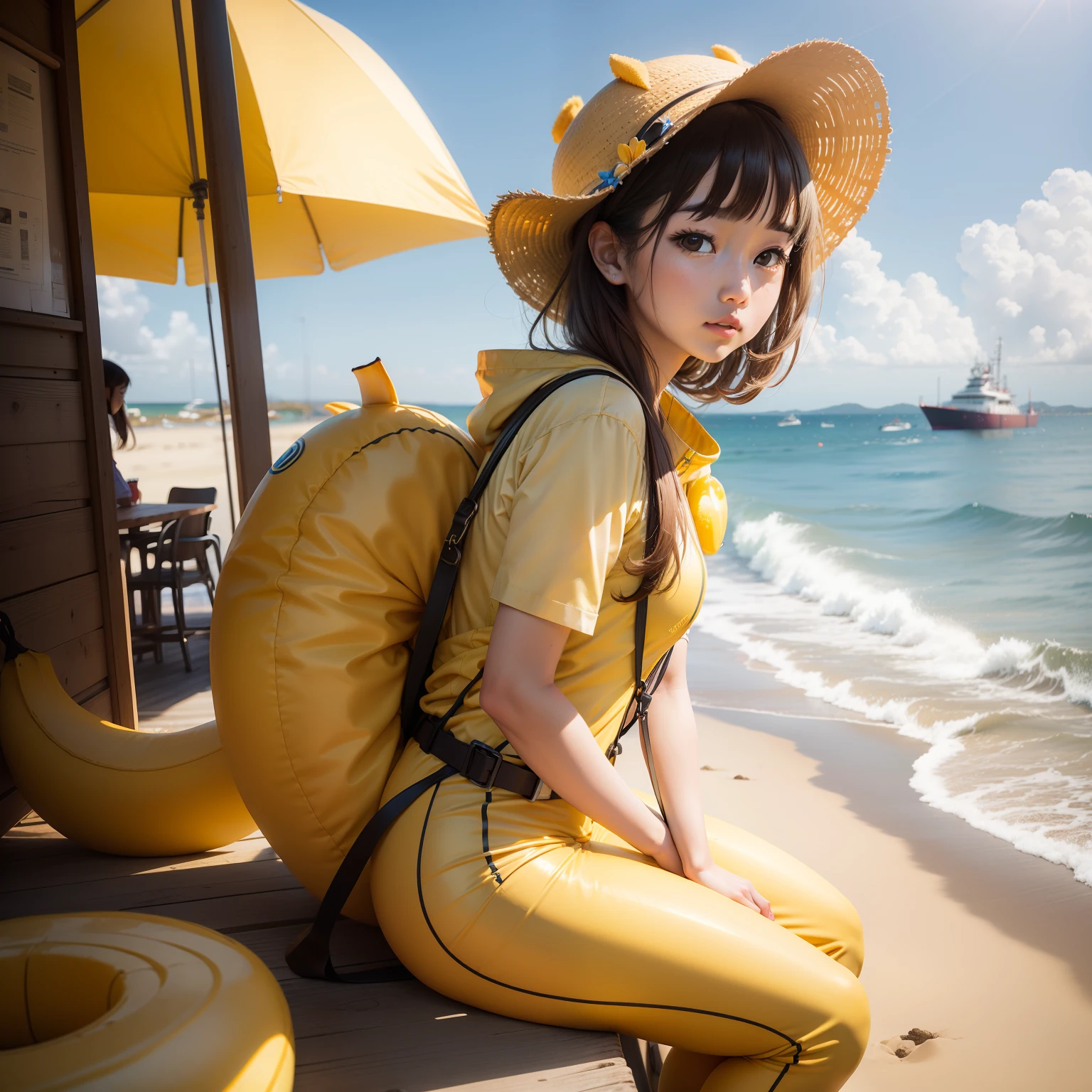 Girl in banana costume、sea side、realisitic